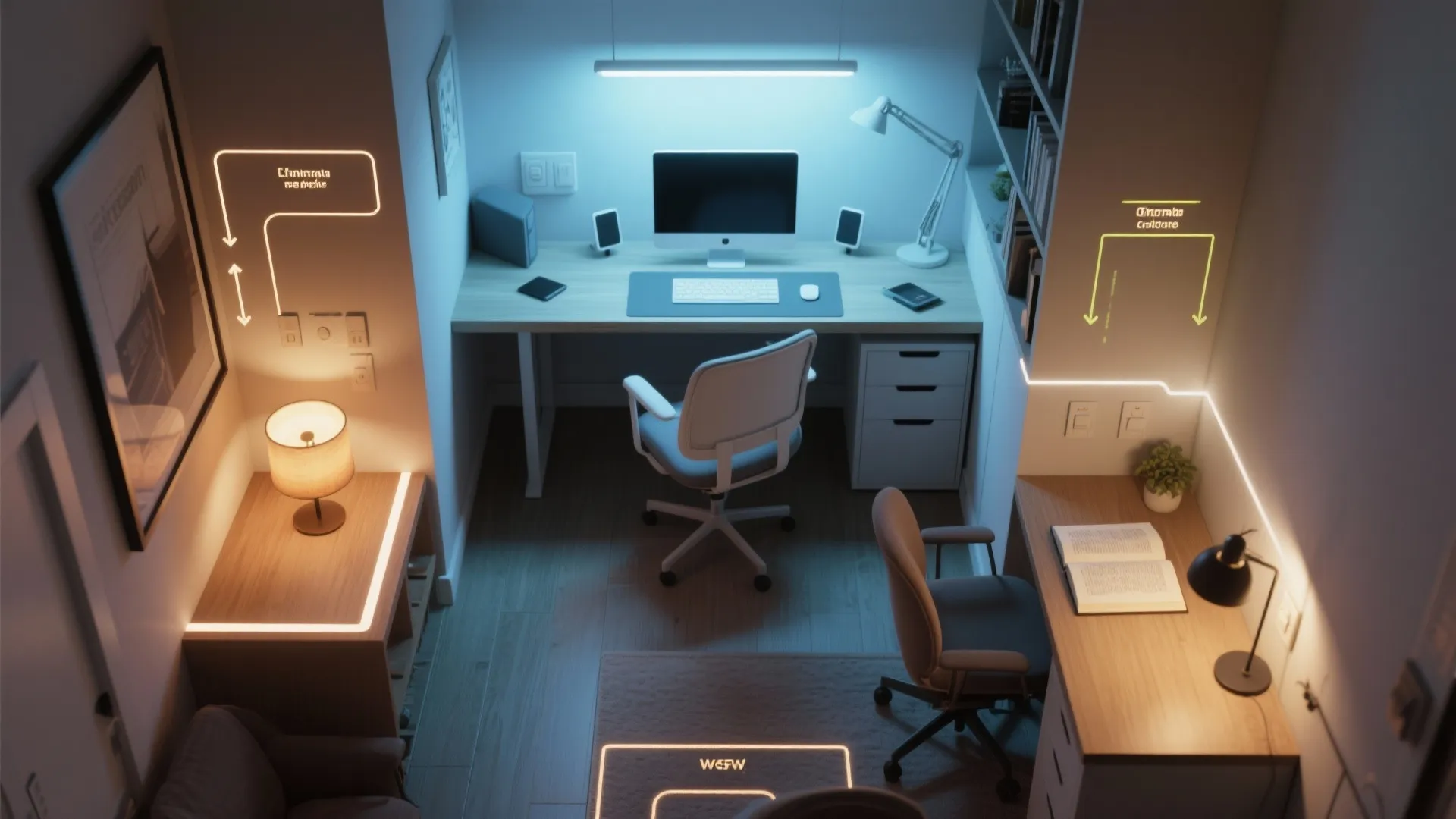 Top-down view of a small home office showing three smart lighting zones for different scenes