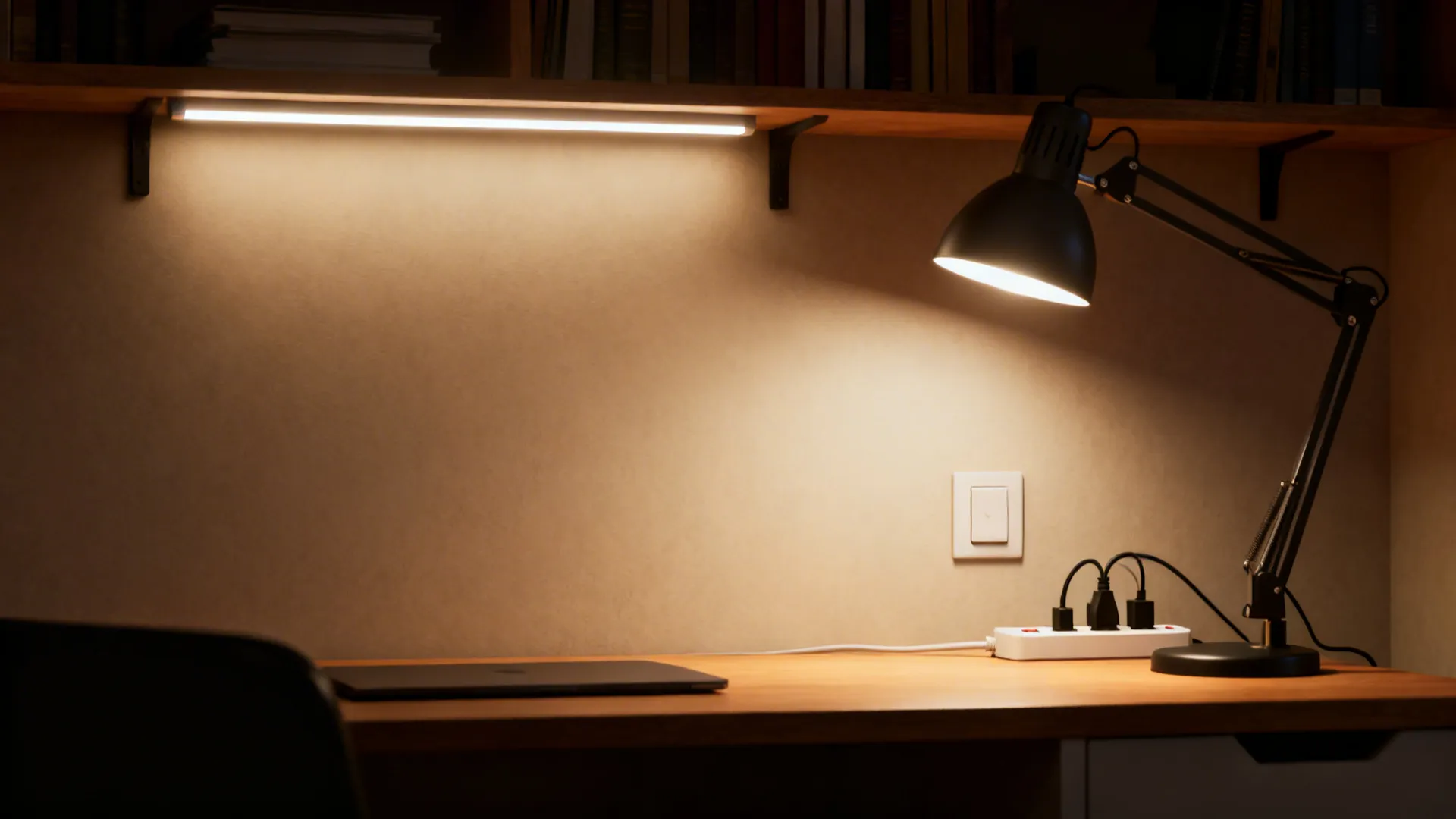 Layered lighting in a dorm: LED strip, desk lamp, and ambient overhead light.