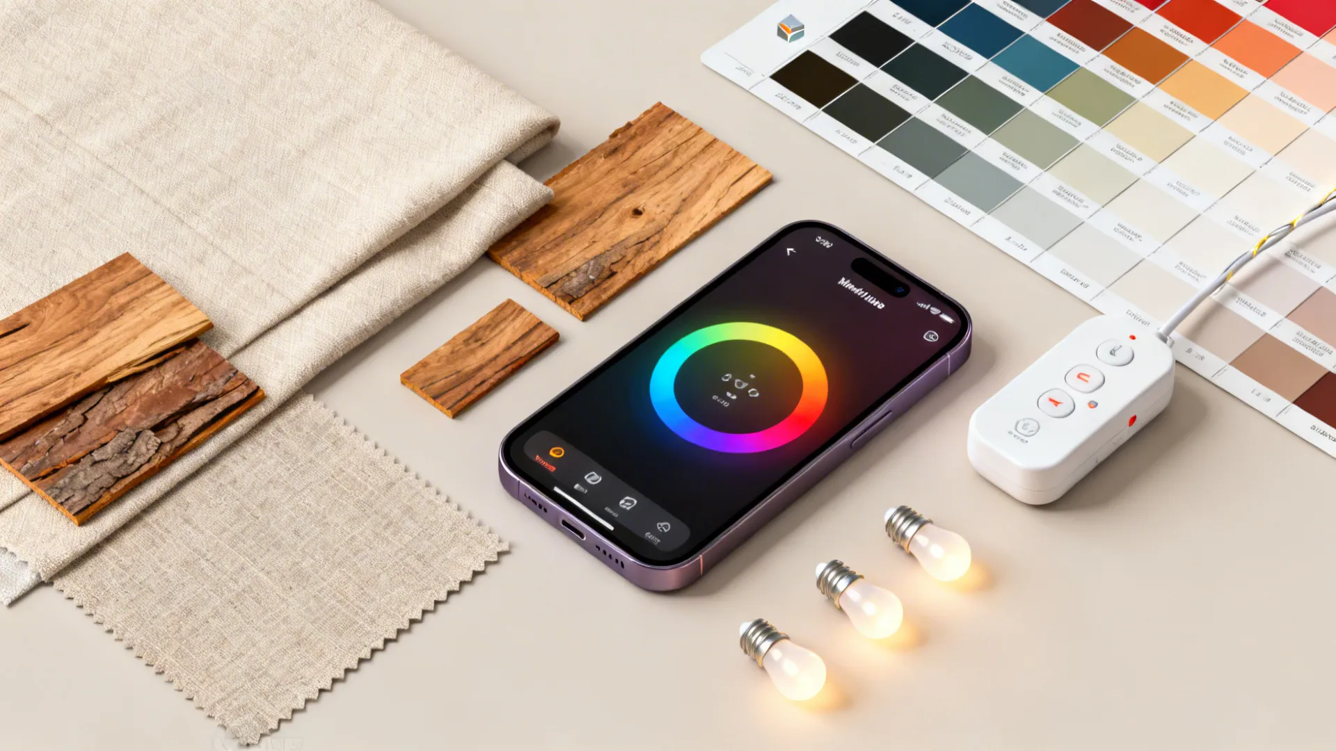 Flatlay of smart string light controller, color swatches, and smartphone app preview.