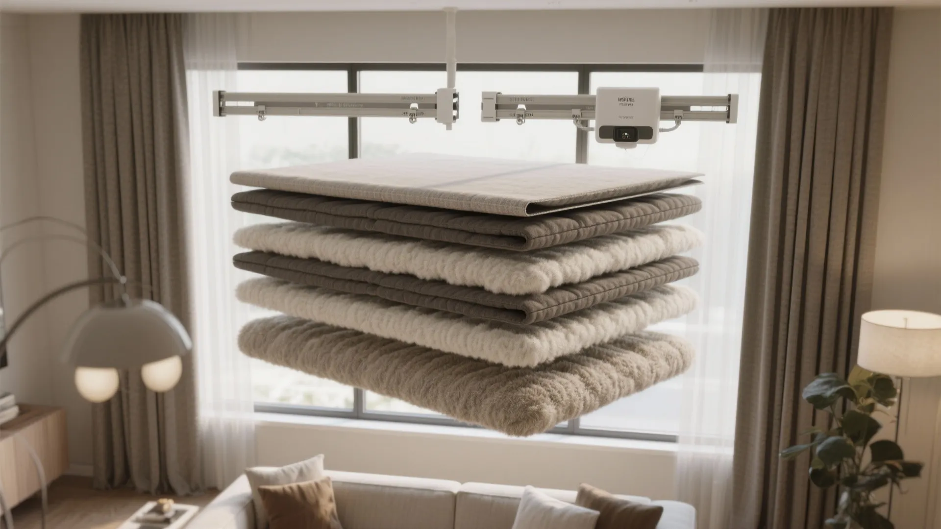 Top-down cutaway of a double curtain track with motor unit and a three-layer build of face fabric, interlining, and blackout lining