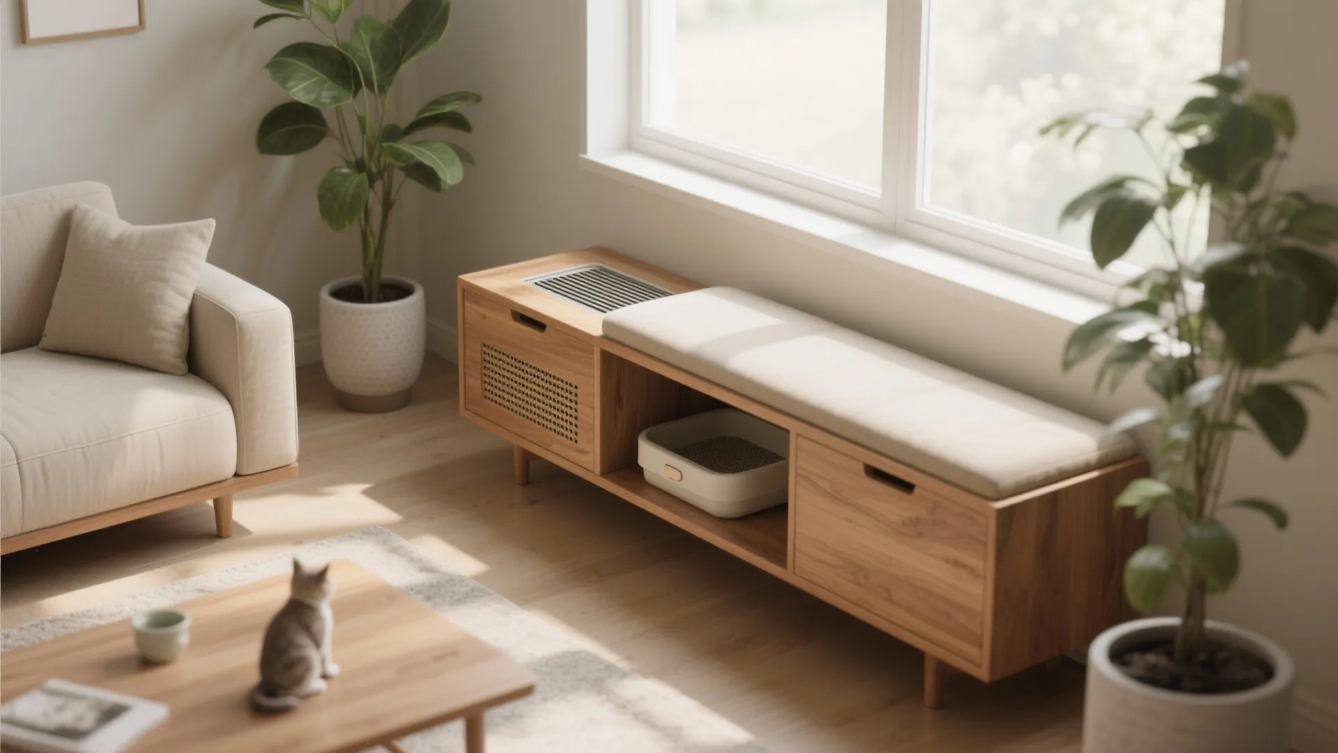 Living room with a wooden bench containing a cat litter box under a large window