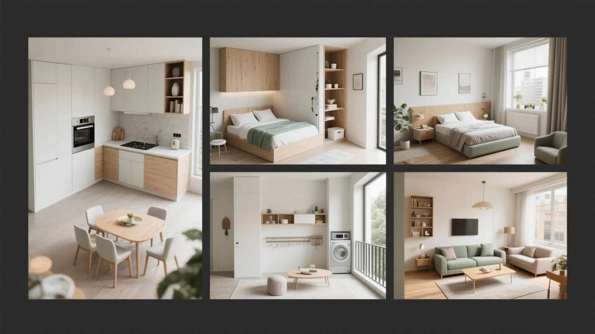 Collage showing kitchen dining area bedroom laundry room and living room in modern apartment design