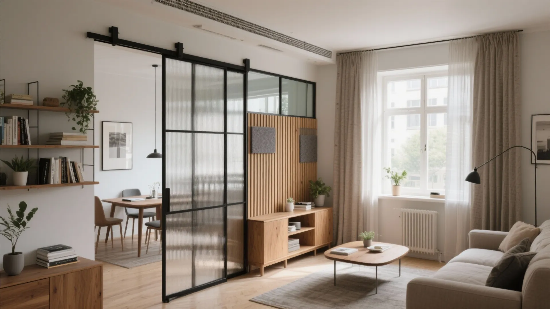 Open plan living room with glass sliding door wood cabinet grey sofa and white hanging curtain