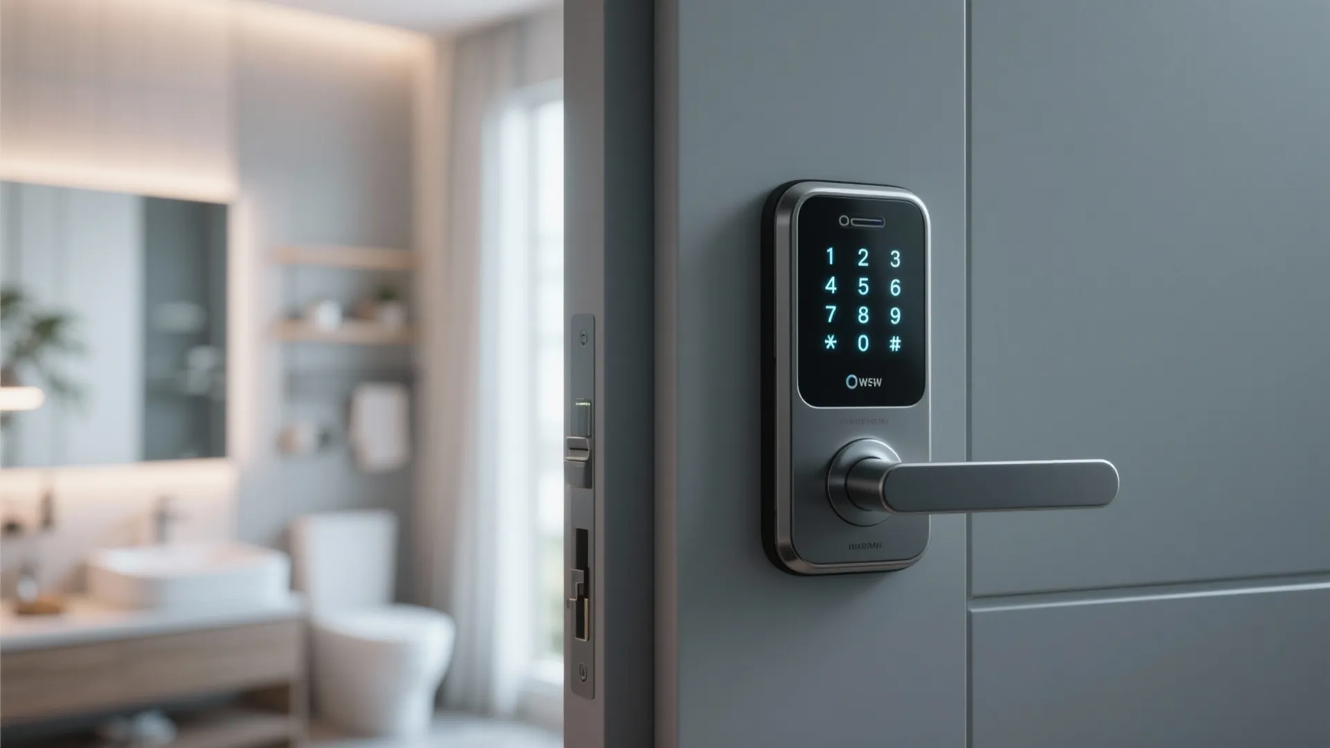Close-up of a keypad smart lock on an interior bathroom door with illuminated digits