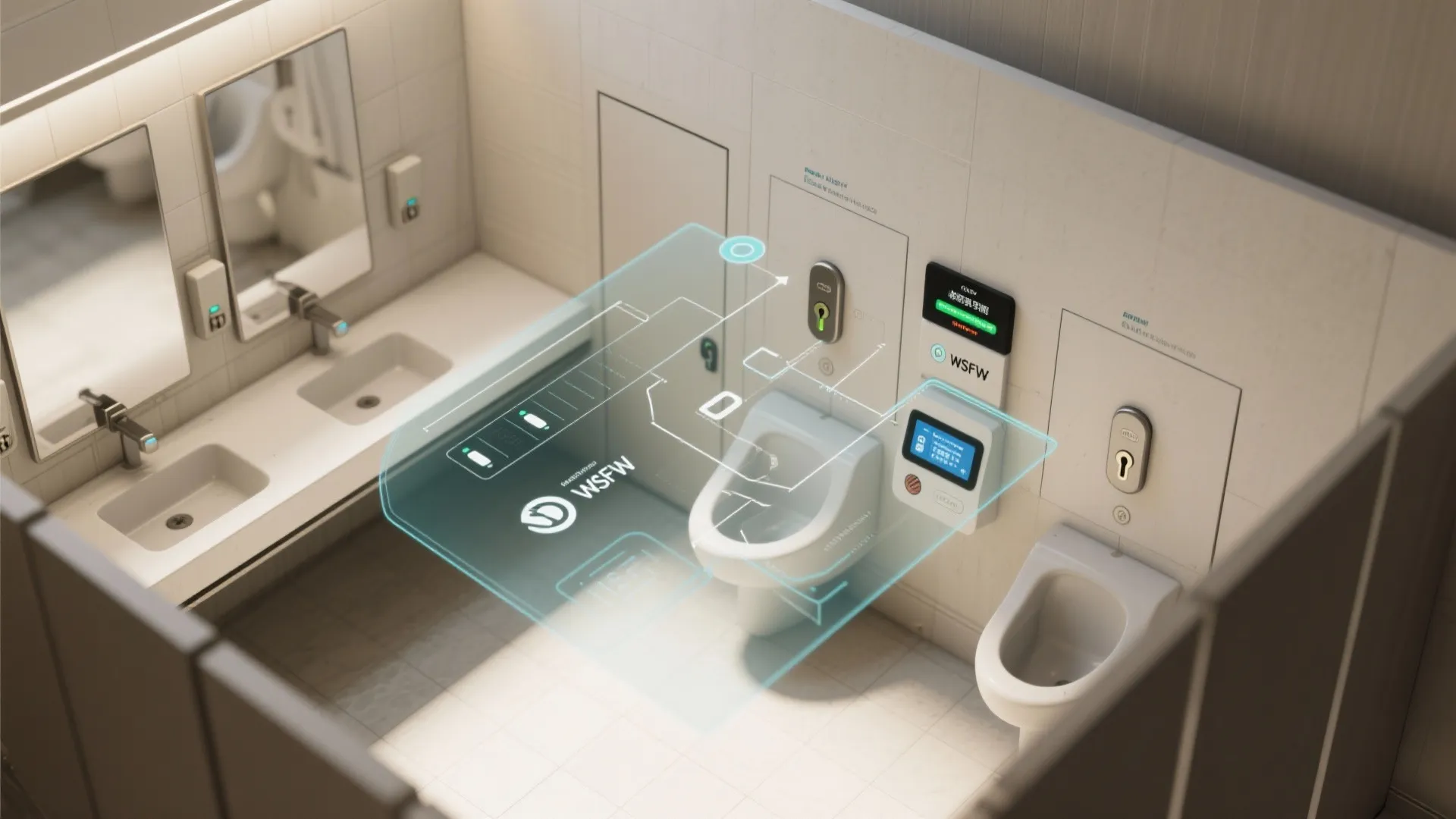 Top-down restroom layout showing smart locks with occupancy sensors and a management dashboard overlay