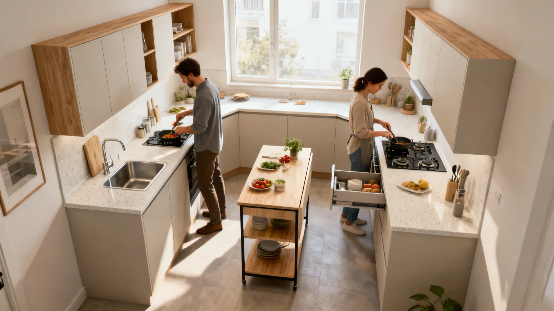 Compact L-shaped kitchen with separated sink and cooktop, corner solution, and a movable landing cart.