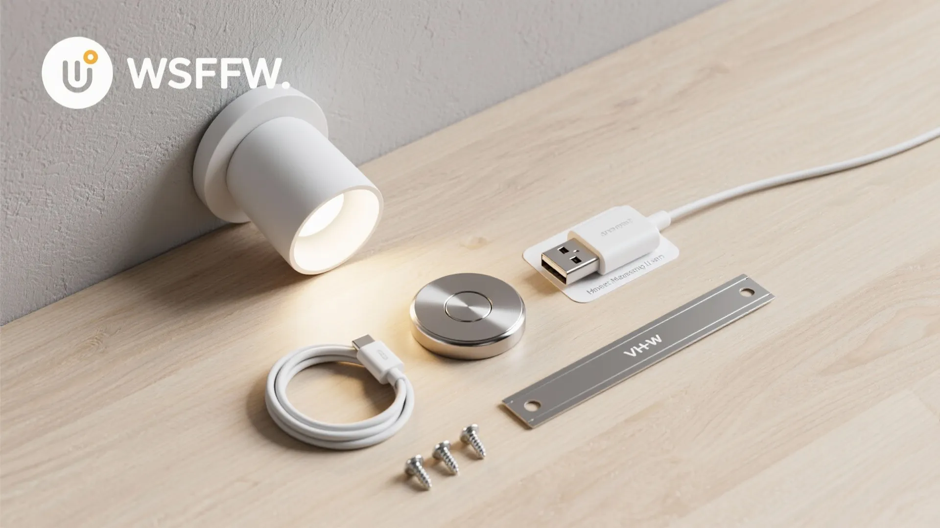 Flatlay of smart magnetic lamp head, magnet plate, USB-C cable, anchors, and VHB strip.