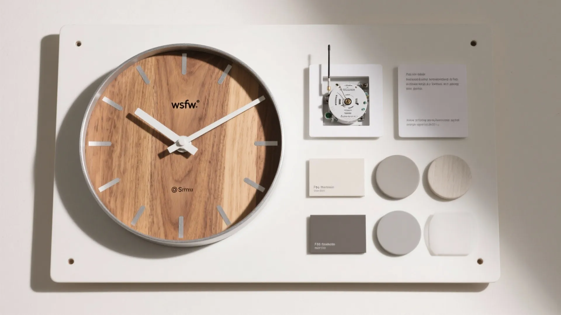 White board showing a wooden wall clock with material samples and small mechanical clock parts