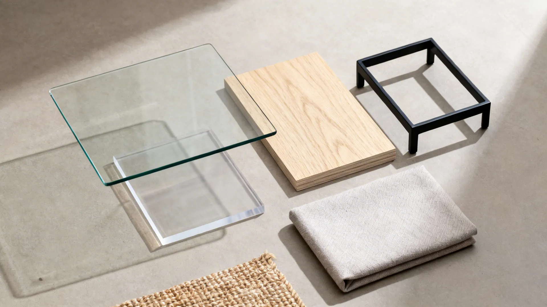 Flat lay of glass, acrylic, oak veneer, black metal, fabric, and jute rug samples.