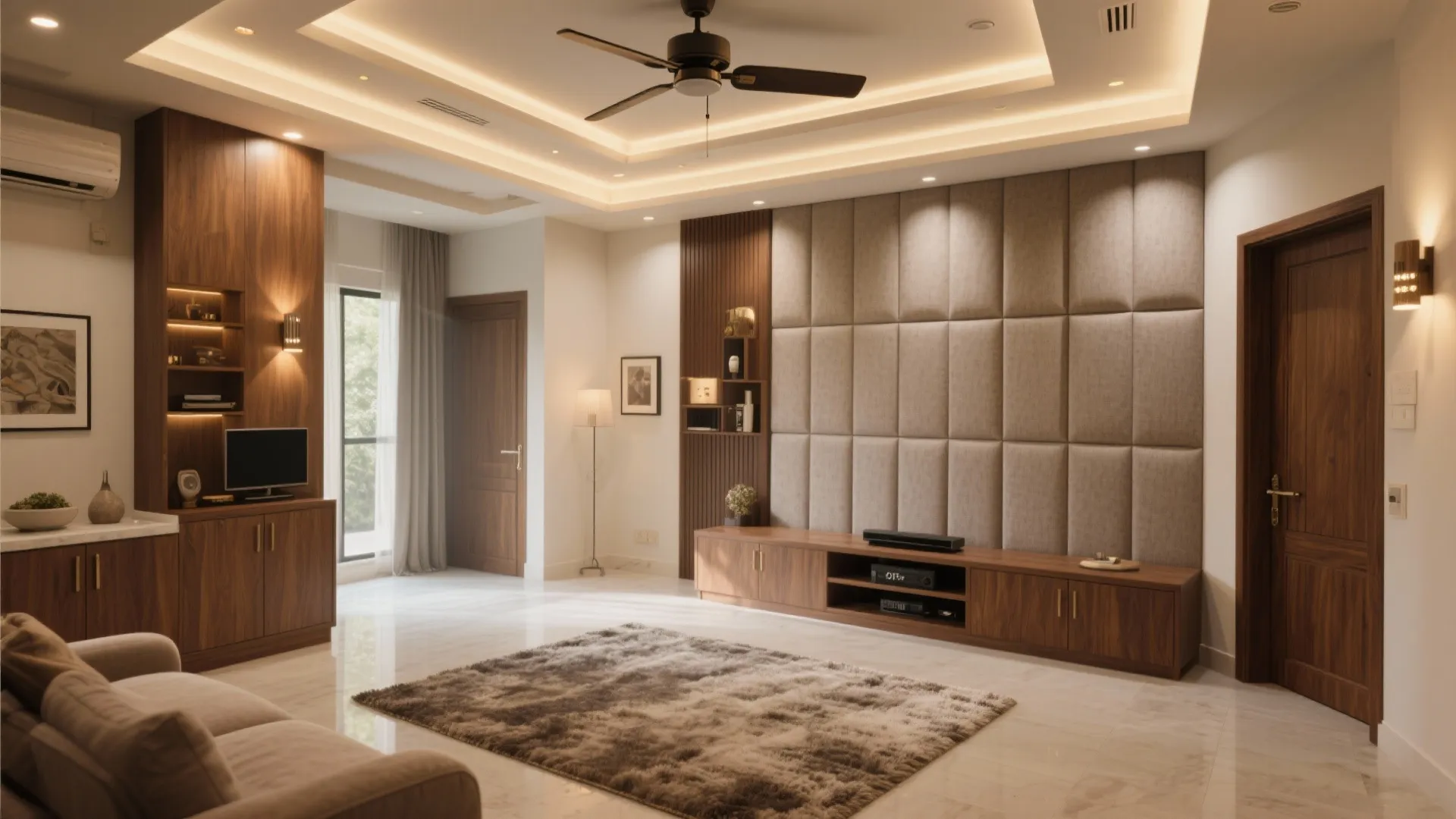 Chennai luxury media room with acoustic panels, silent fan, app-based dimming, and plush rug for quiet comfort.