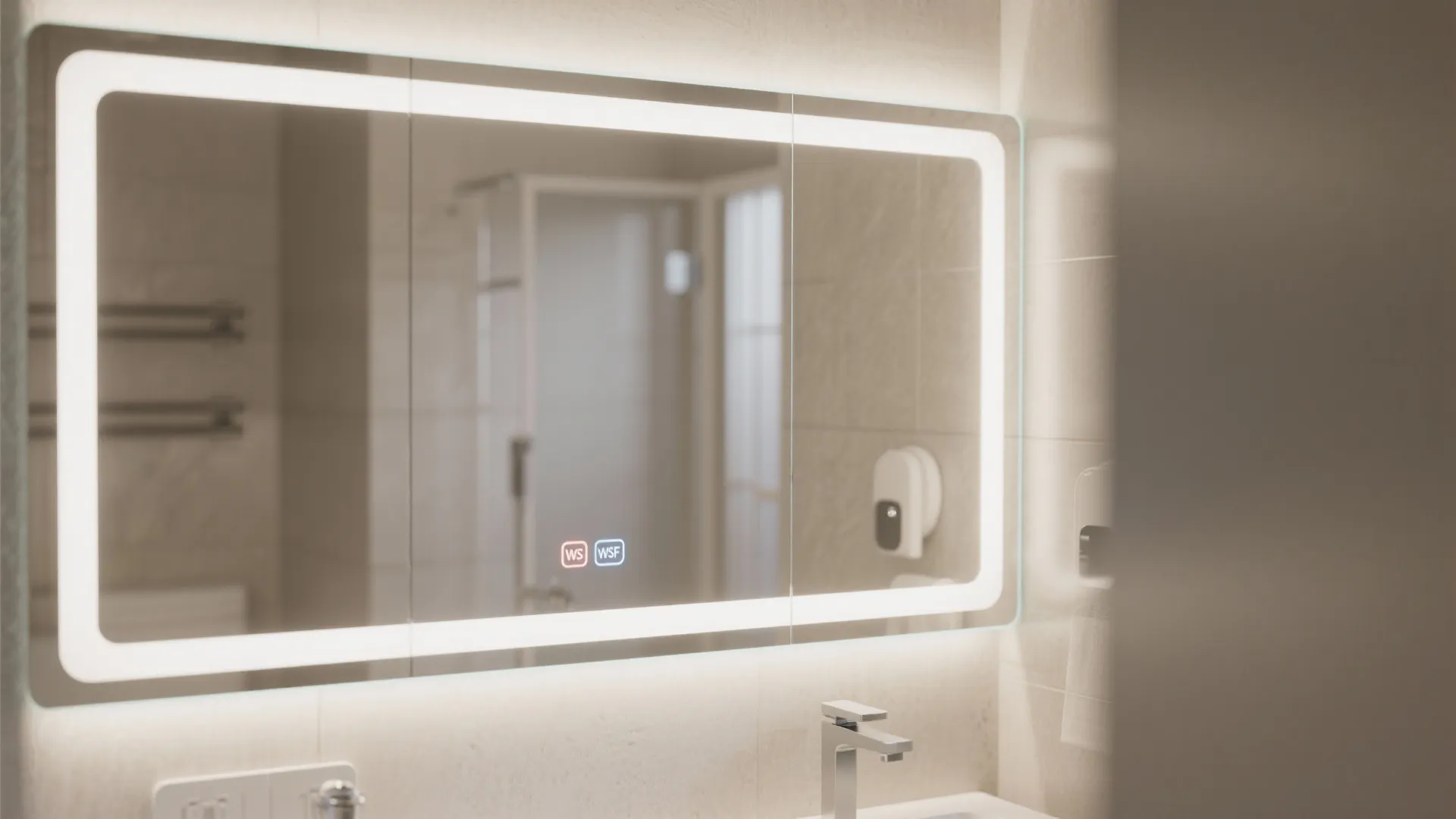 Rectangular wall mirror with built-in led light strip and digital touch buttons in a modern bathroom
