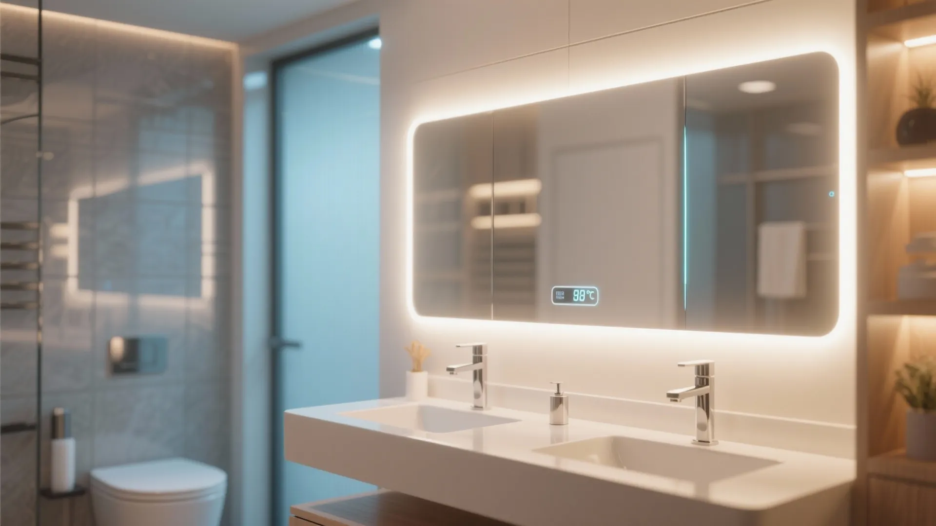 Modern bathroom vanity with double white sinks and large smart mirror featuring built-in led lighting