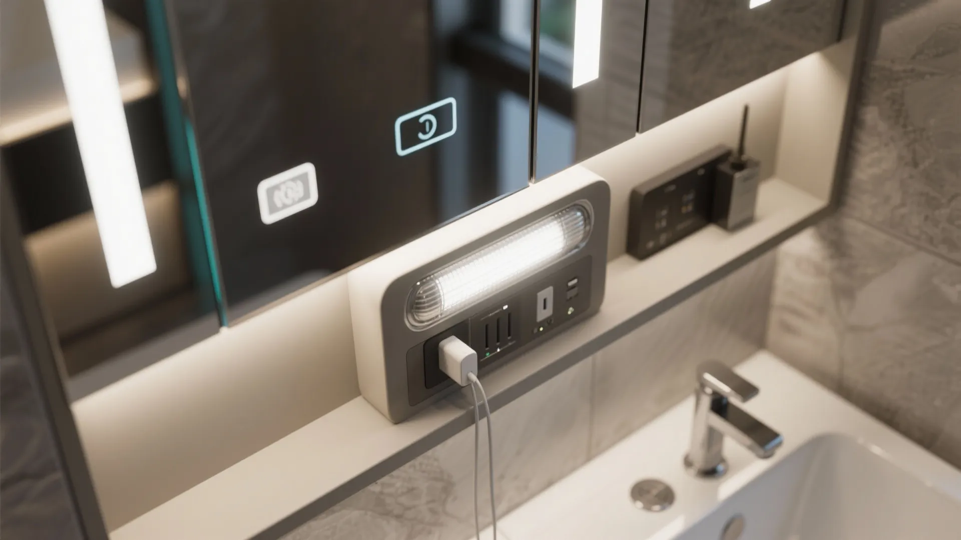 Smart bathroom mirror cabinet with built-in light fixture and power outlet for charging electric toothbrush