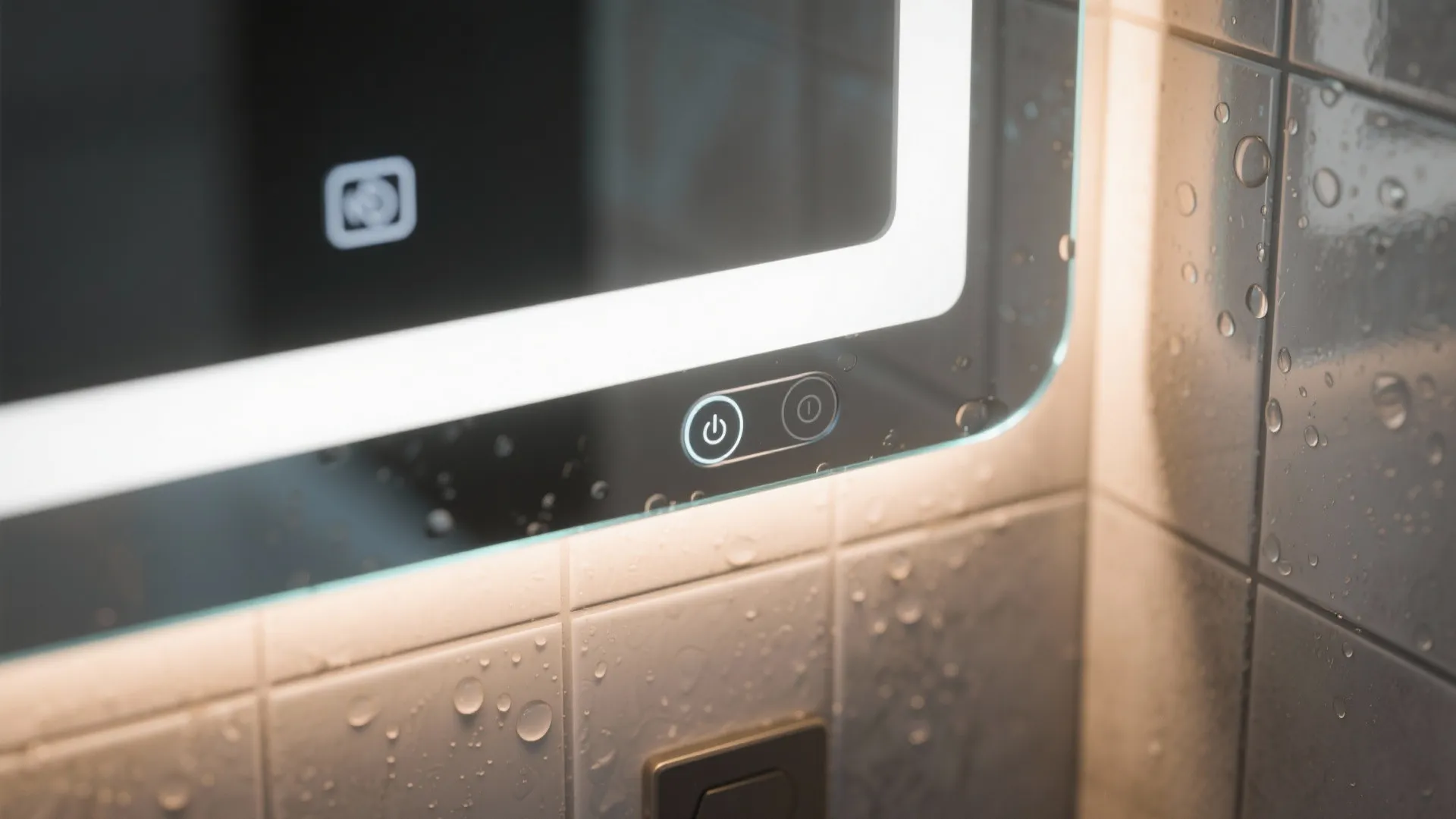 Macro of a smart mirror corner with subtle touch control and clear anti-fog zone.