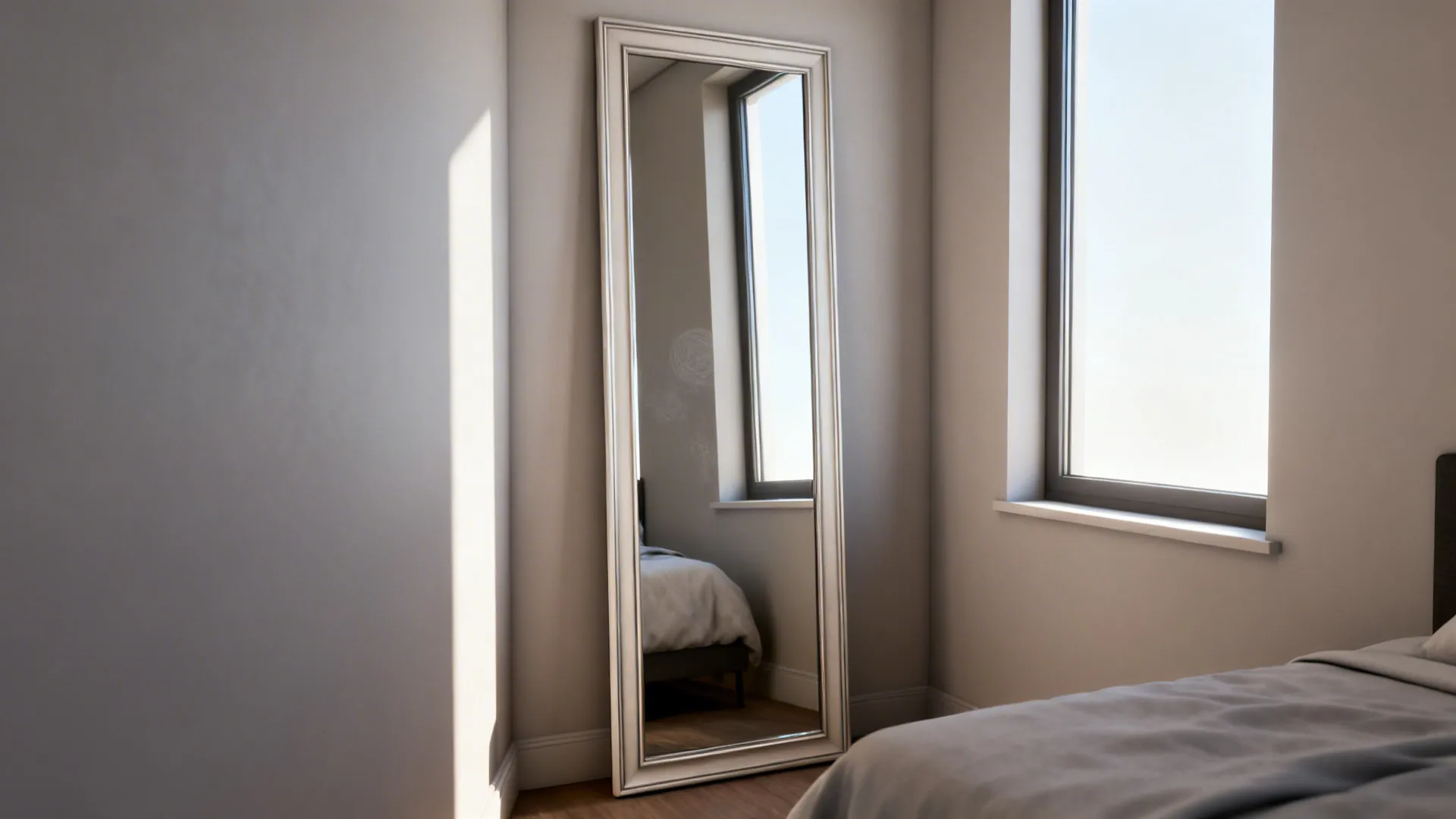 Tall mirror opposite a window doubling sightlines and light in a small bedroom.