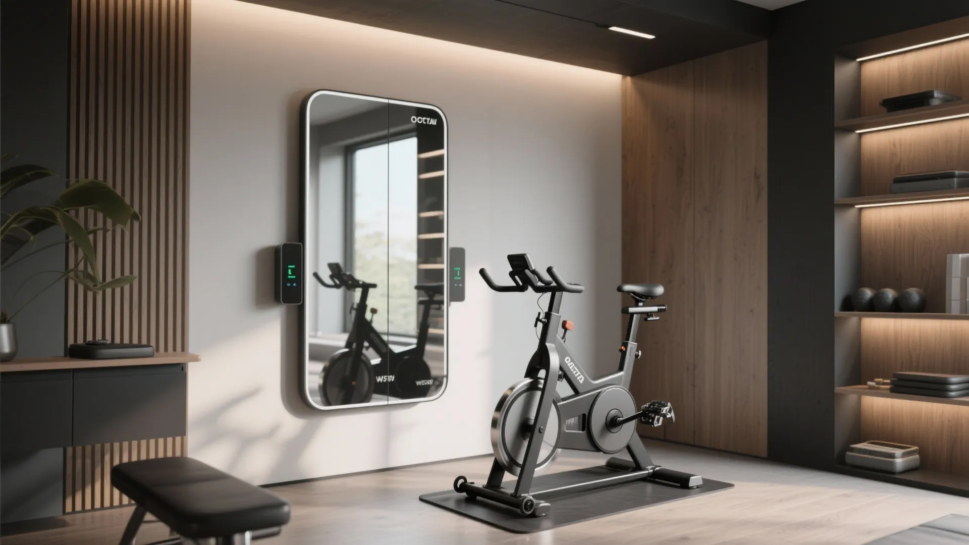 Modern home gym featuring a smart workout mirror mounted on wall with an exercise bike