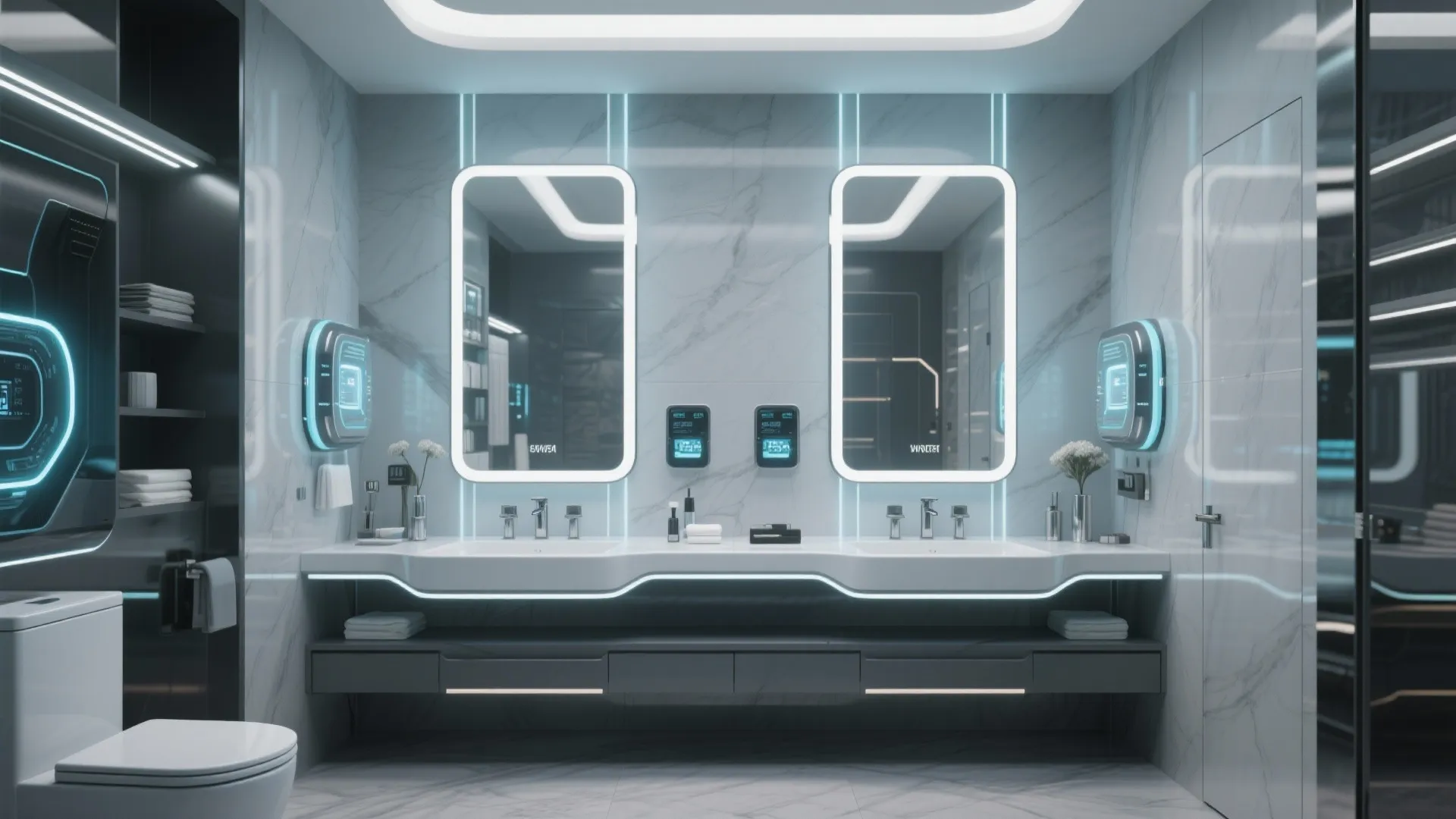 Futuristic bathroom design with two glowing smart mirrors and blue neon light on marble walls