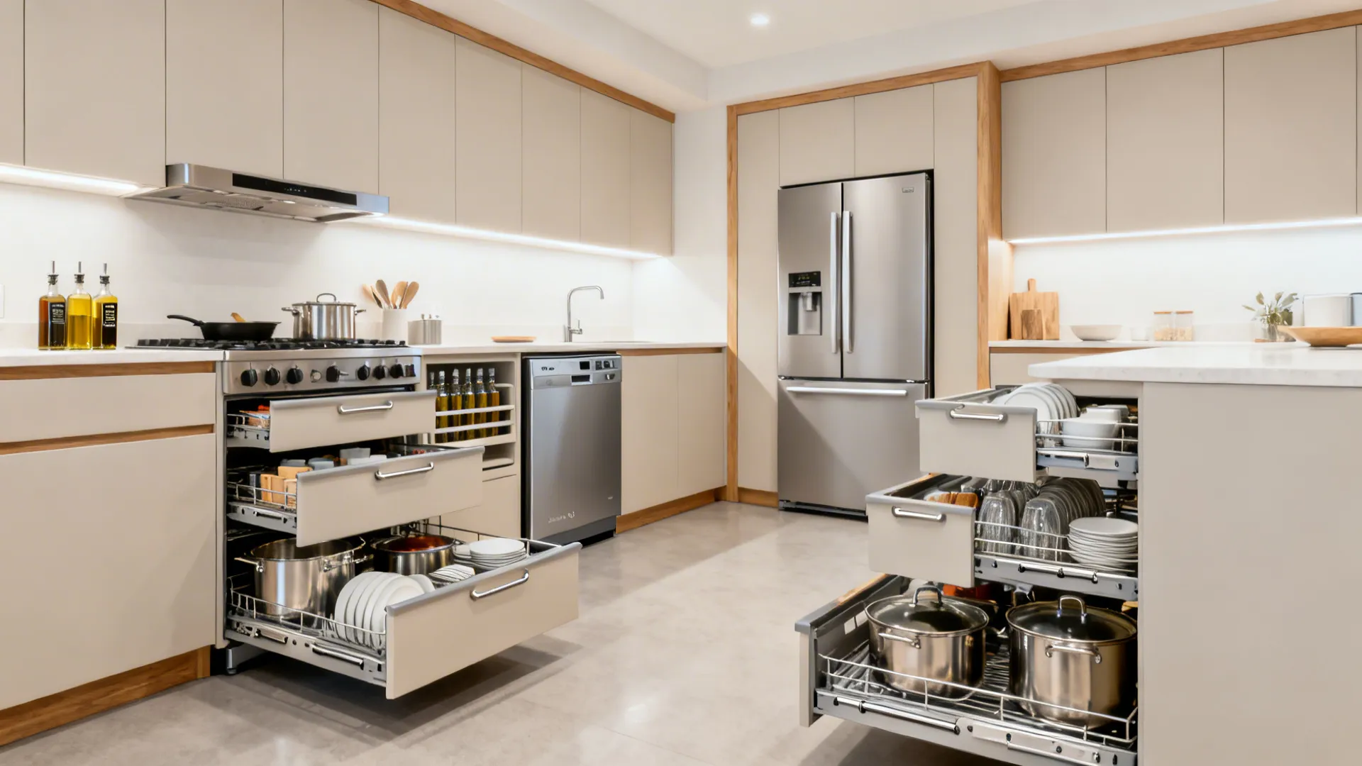 8x8 kitchen with open full-extension drawers, a narrow pull-out by the range, and slim appliances