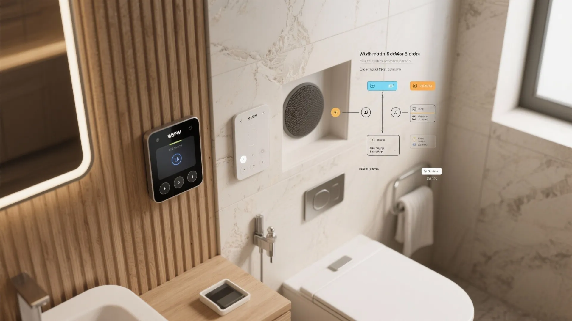 Top-down view of smart mood controls, touch panel and discreet speaker layout in a warm material bathroom.