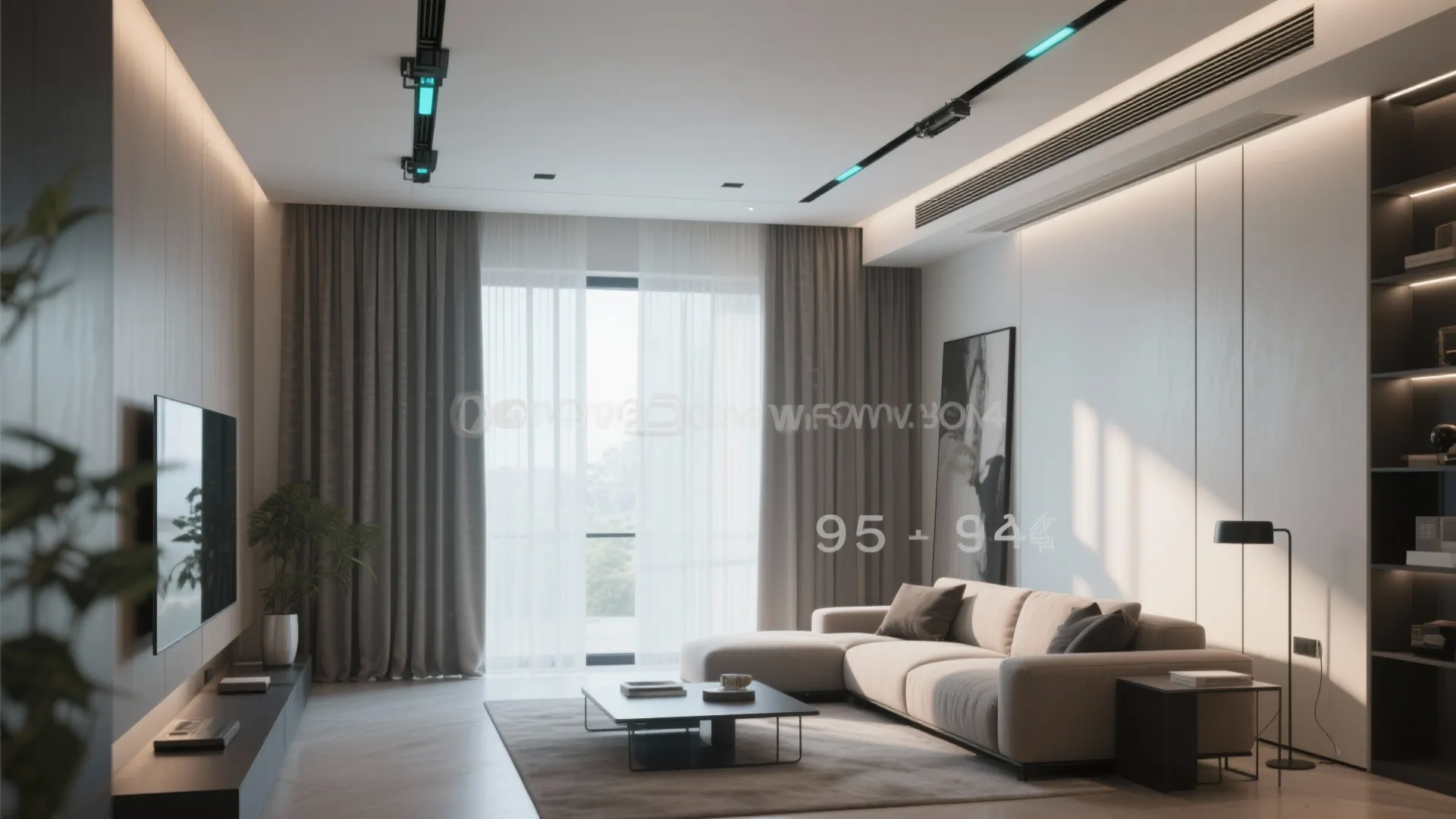 Minimalist living room with grey curtains automated ceiling track lighting large sofa and floor lamp