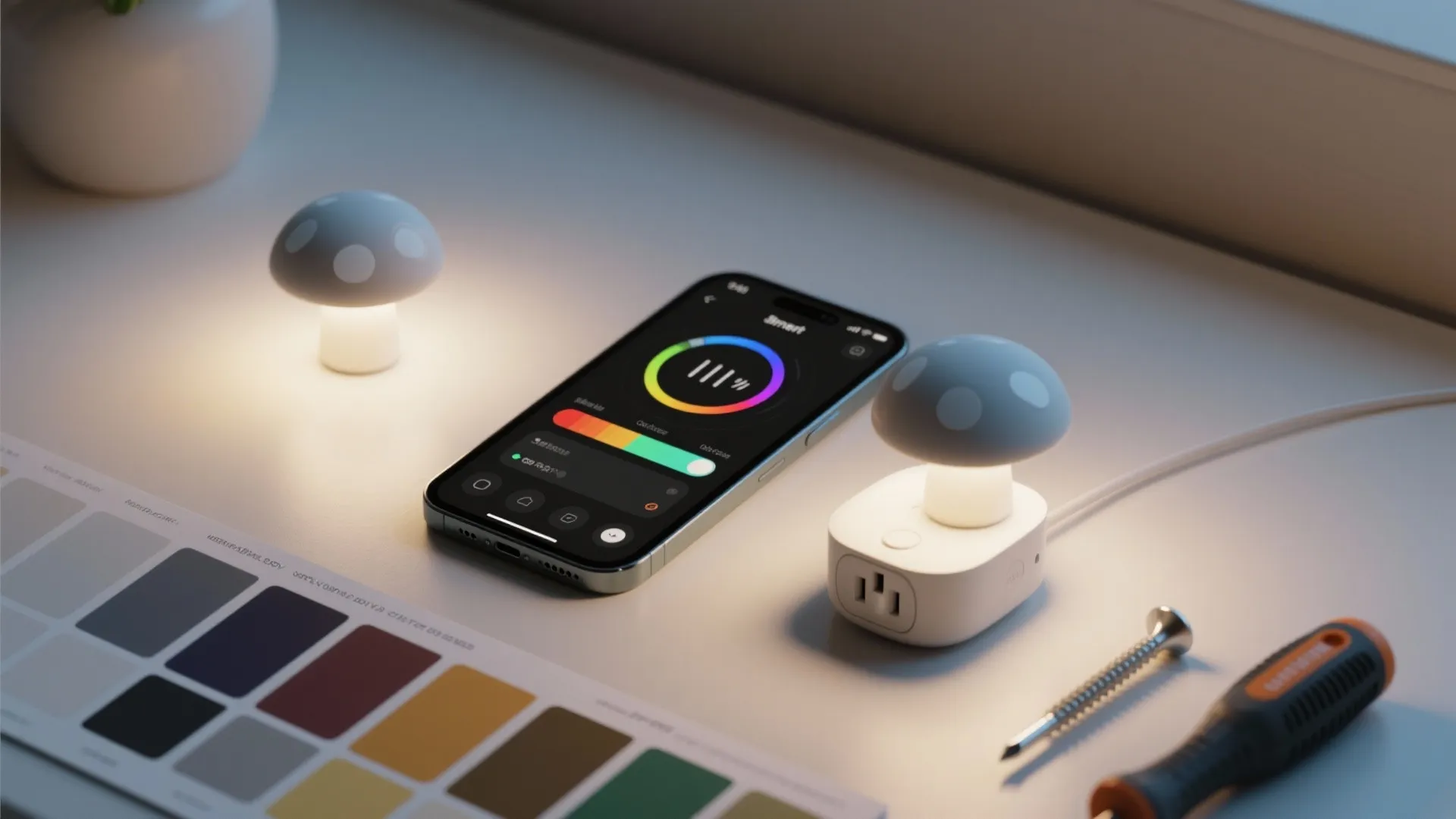 Smartphone app controlling two small mushroom lights on a desk with color samples and tools