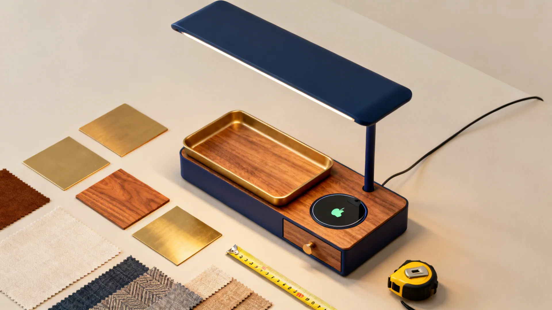 Flatlay of a navy lamp with integrated tray and wireless charging plus material samples