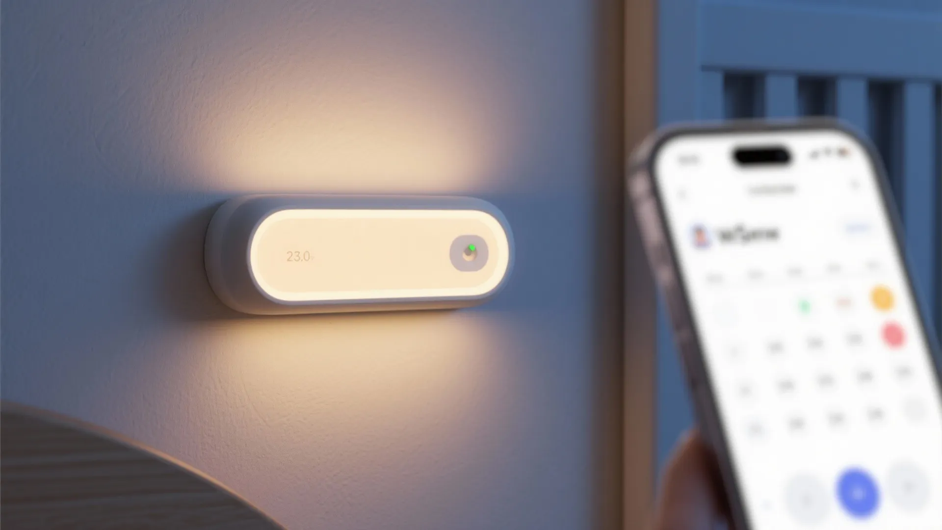 Low-profile smart nightlight wall patch with warm glow and smartphone control.