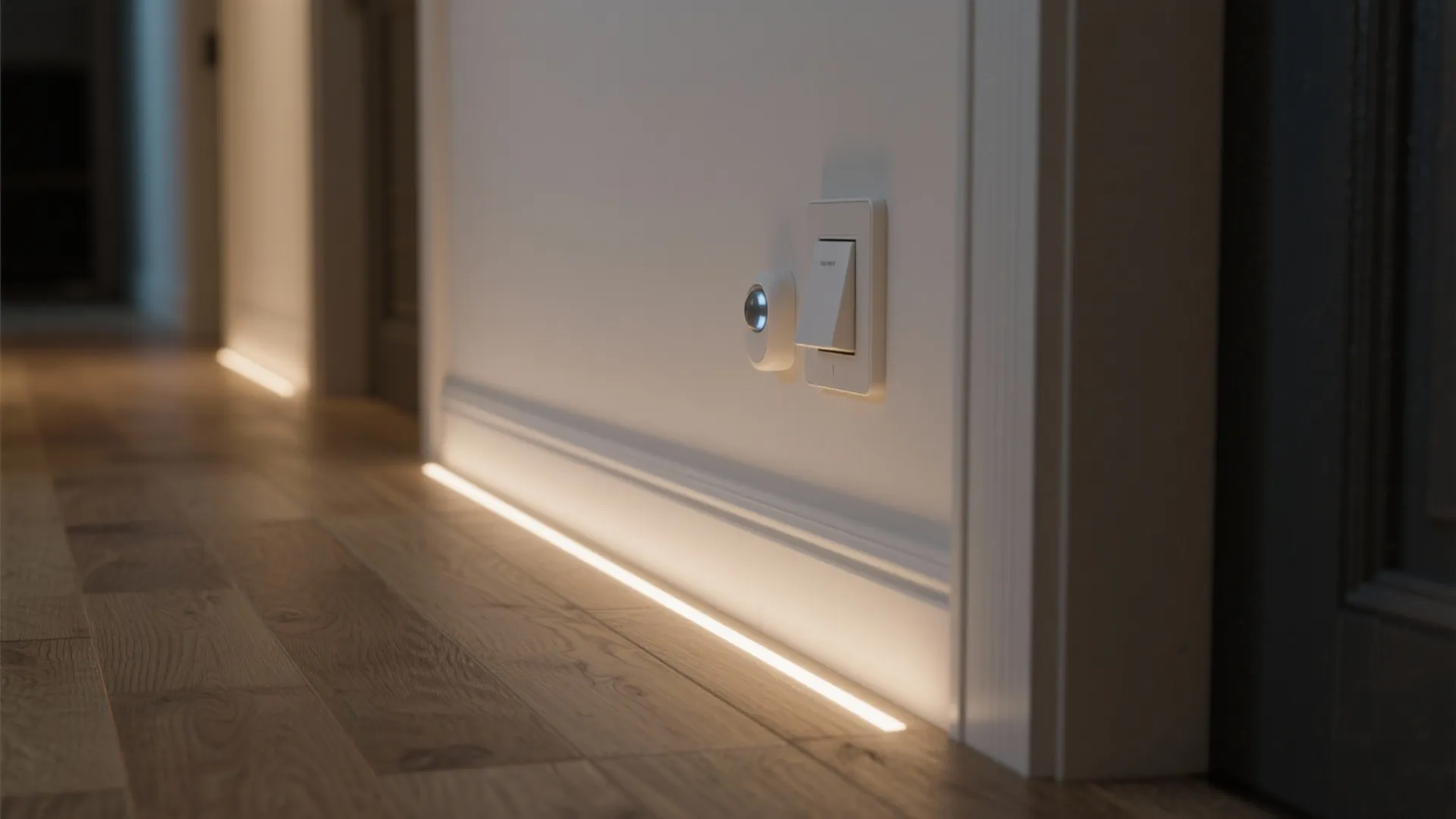 Close up of floor light strip along wall panel with light switch and motion sensor
