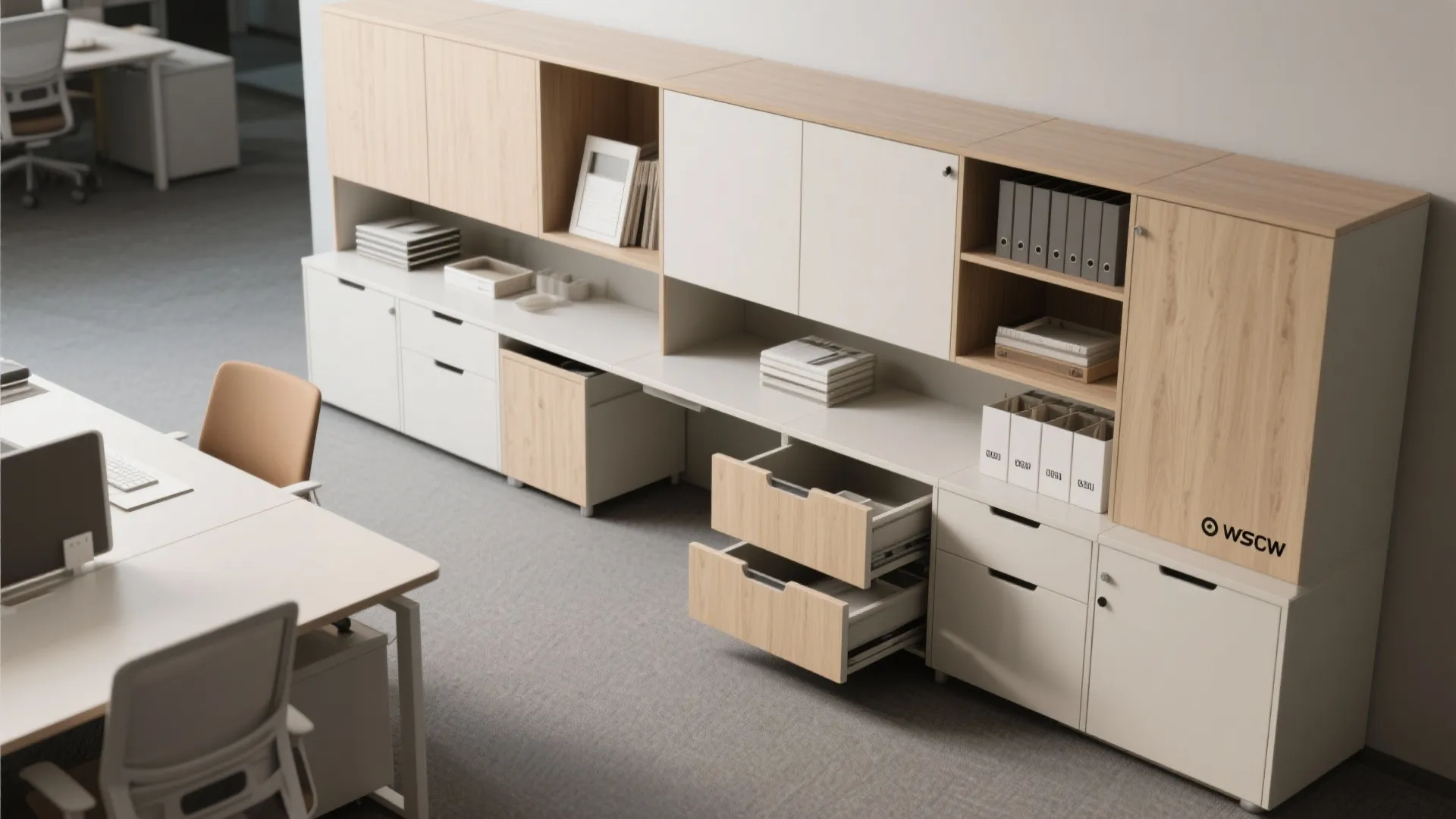 White and wood office storage cabinet with open drawers folders books and minimalist desk setup