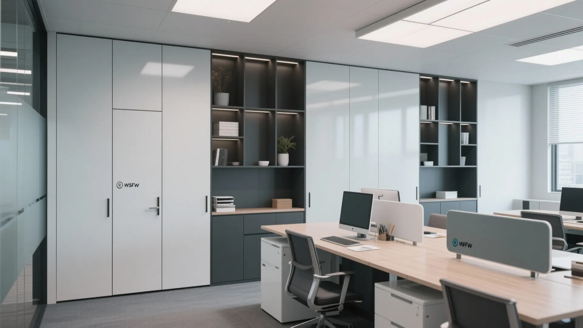 Bright office interior showing white storage cabinet wooden desks with computers and built in shelves
