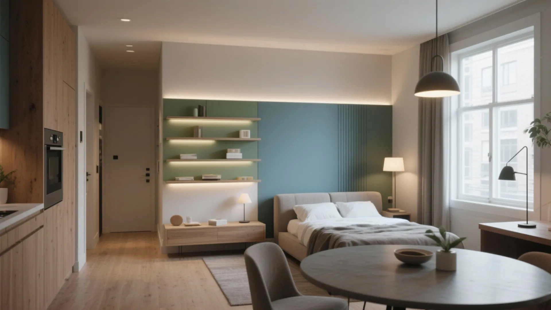 Modern bedroom with grey bed green wall shelves wooden cabinet dining table and ceiling light