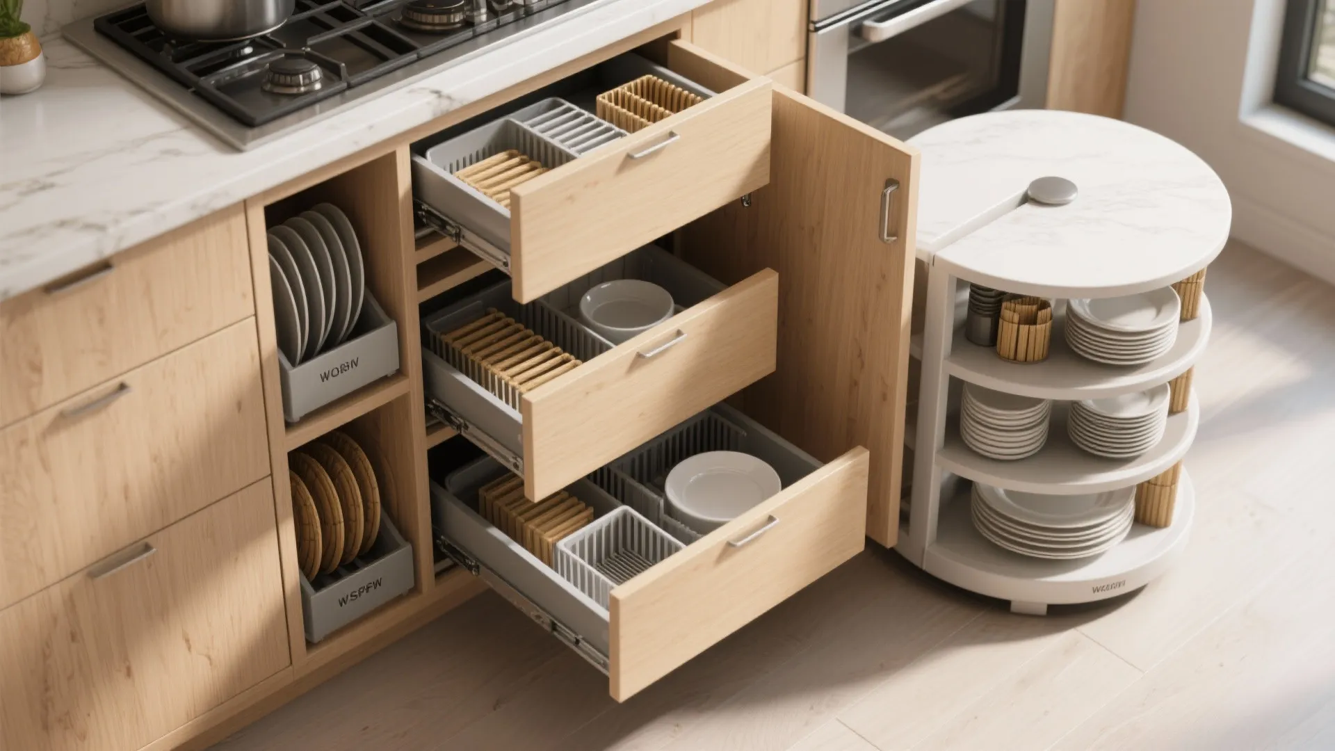 Wooden kitchen cabinet with open drawers showing plate organizers beside a white round rotating storage shelf