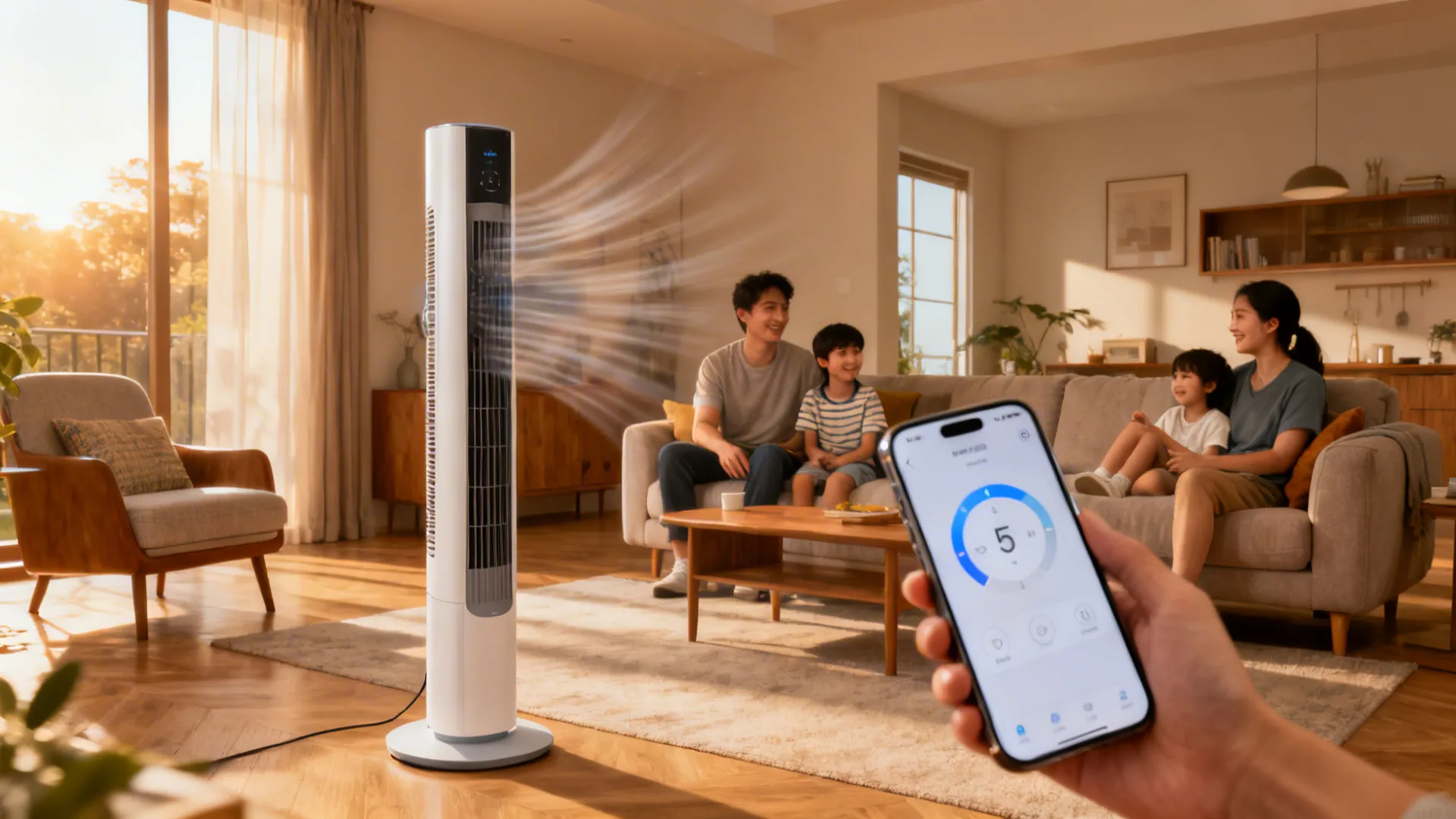 Family living room with an oscillating smart tower fan and a smartphone showing controls