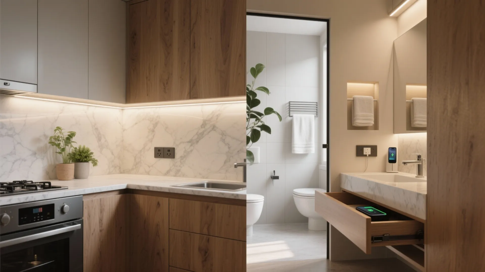 Modern kitchen with marble wall and bathroom vanity showing a smartphone charging in a drawer