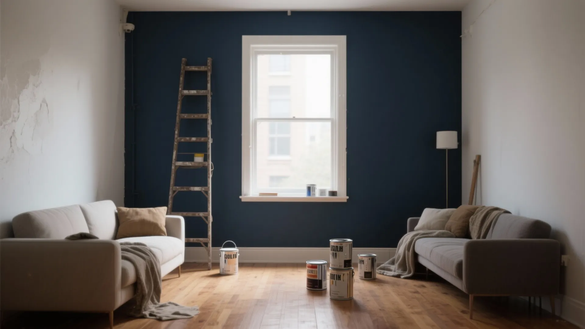 Living room with dark blue accent wall two sofas paint cans on floor and ladder