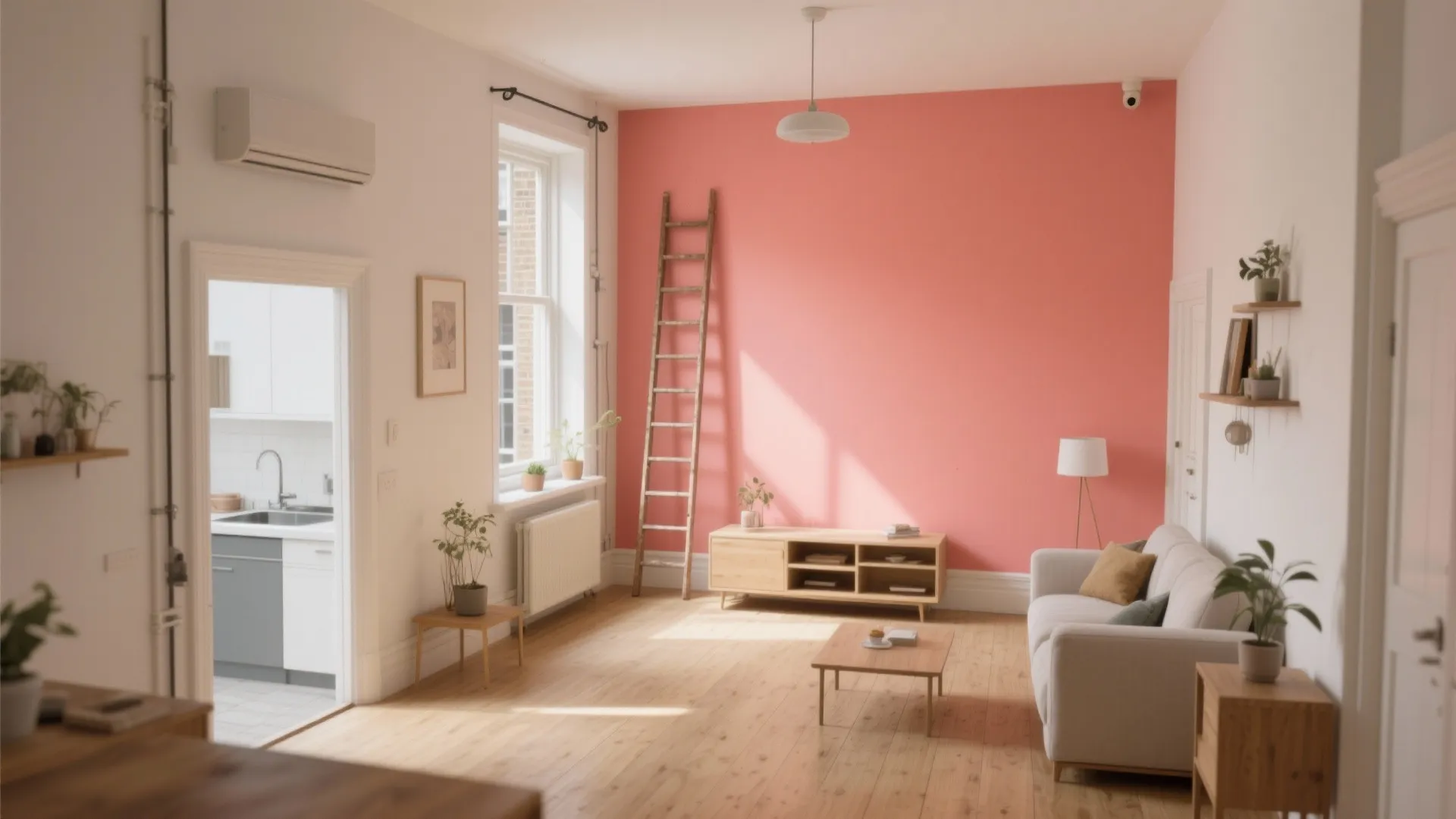 Minimalist living room featuring a pink accent wall white sofa wooden coffee table and ceiling light