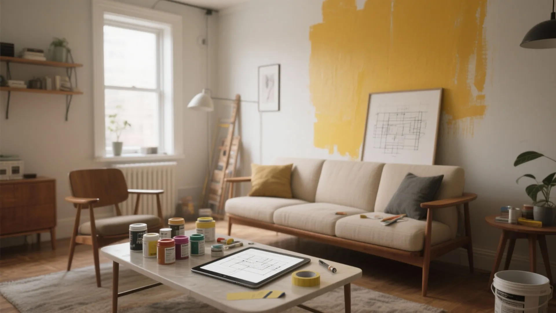 Modern living room with yellow wall paint and tablet showing a floor plan layout design