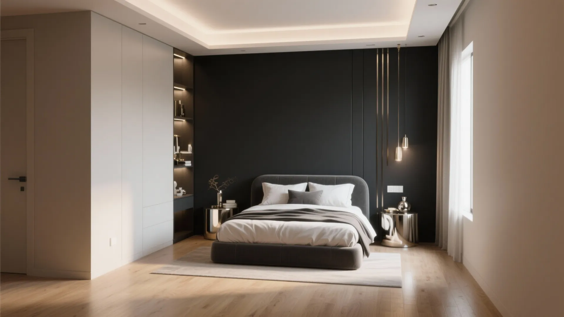 Bedroom with deep charcoal accent wall, warm neutrals and metallic highlights for depth