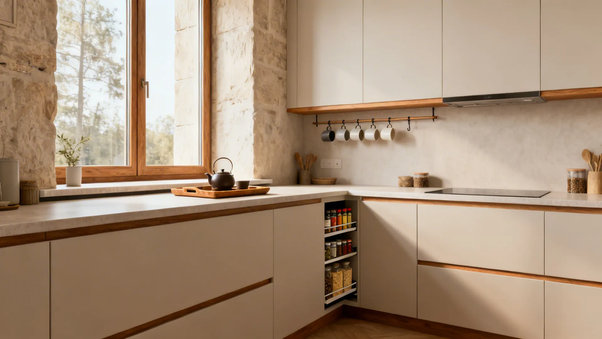 Deep window sill tea station and slim pull-out pantry in a compact kitchen