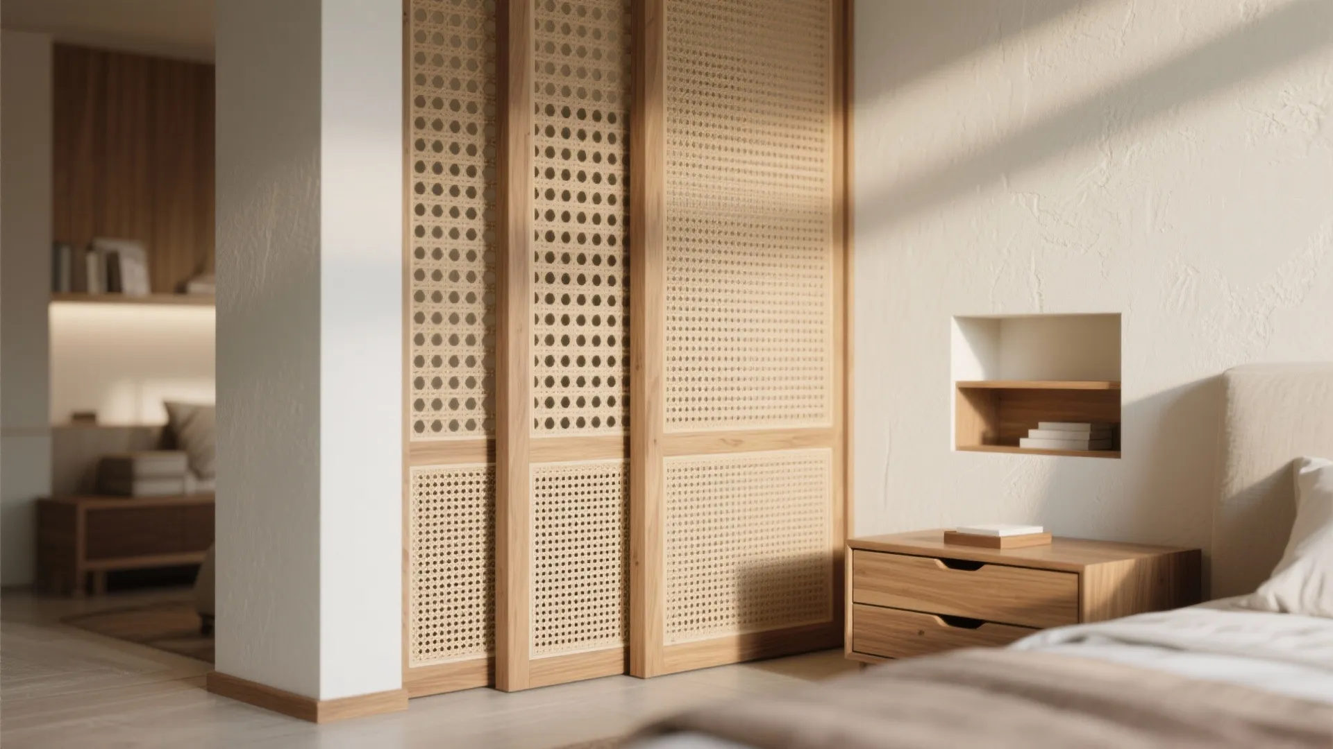 Minimalist bedroom with wooden sliding doors wooden bedside table and white wall with small built-in shelf