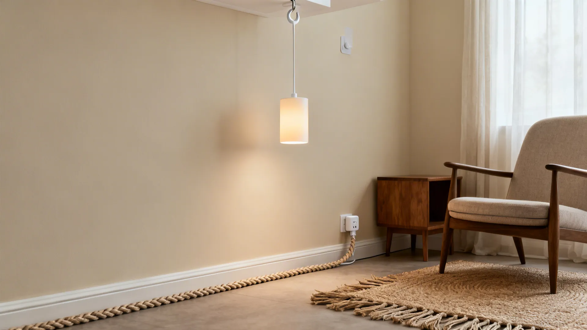 Lightweight smart plug-in pendant hung from a ceiling hook with braided cord running to a hidden plug.