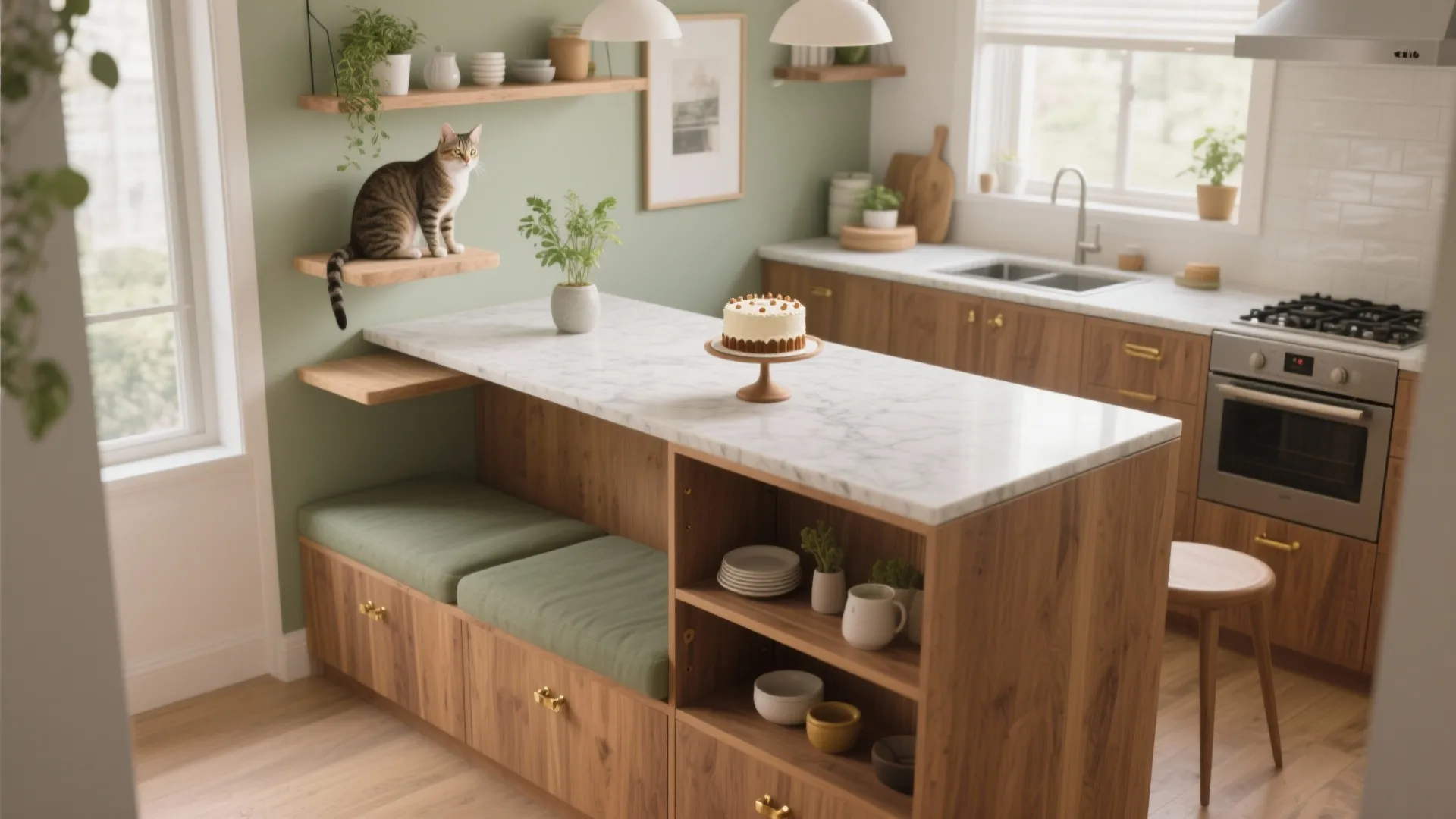Wood kitchen island with marble top green cushions cake stand and cat on wall shelf