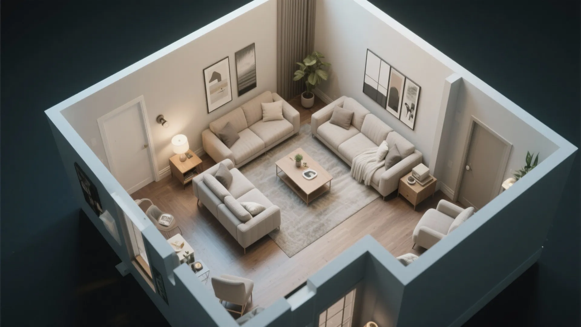 Top down view of living room interior design drawing with cream sofas and wooden coffee table