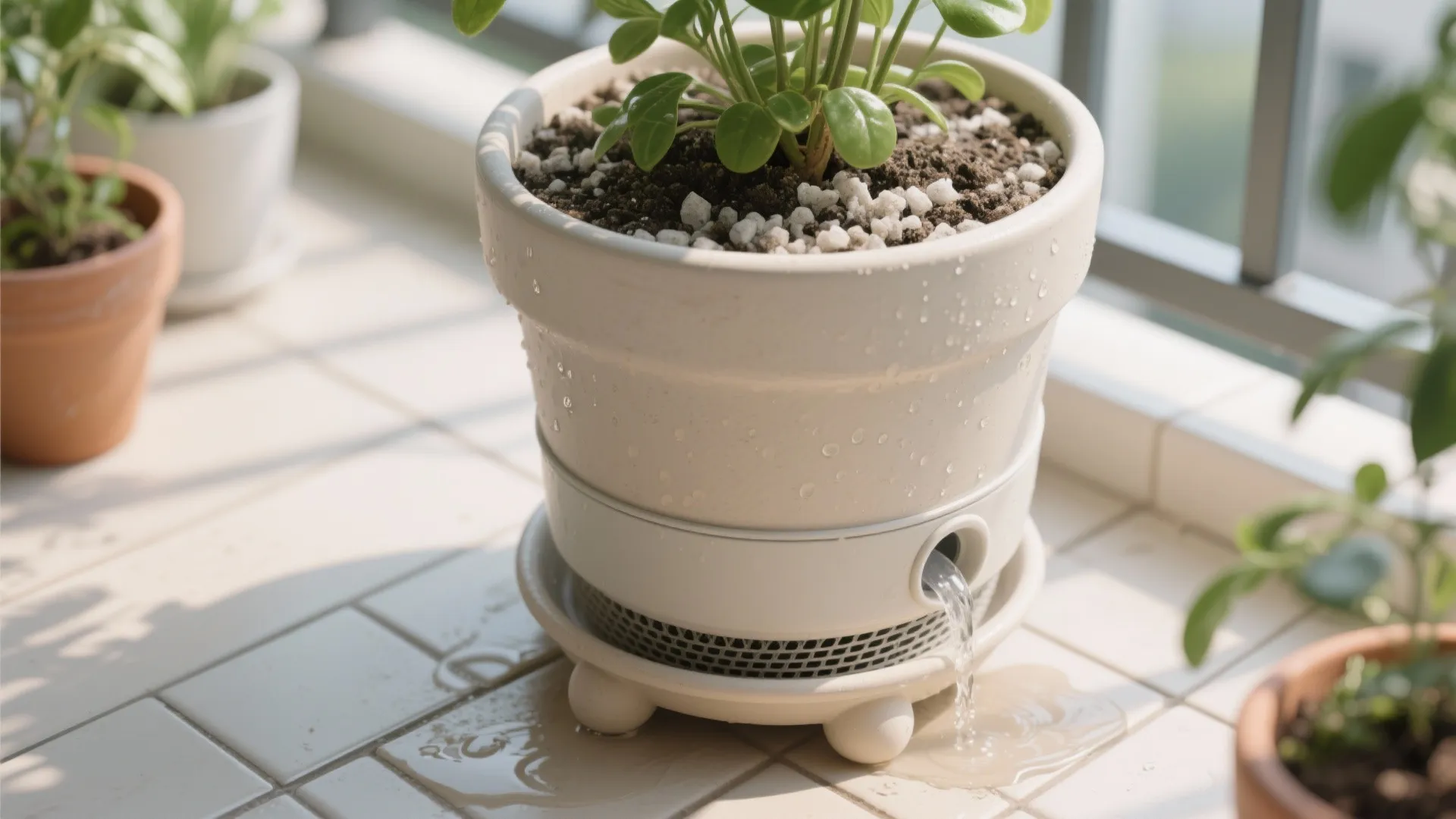 3) Smart planters: feet, saucers with spacers, and self-watering reservoirs