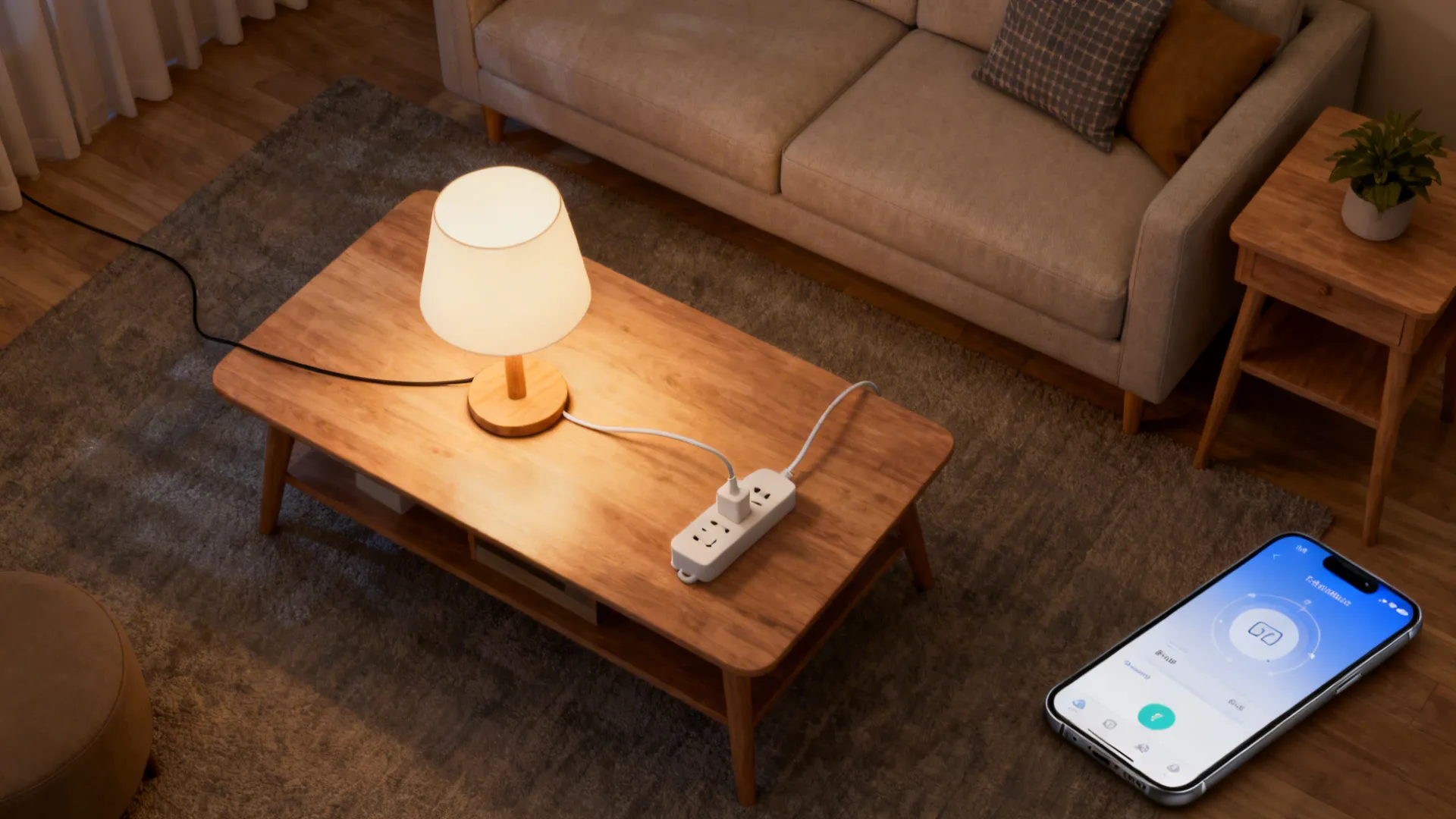 Top-down view of a living room layout showing an inexpensive lamp connected to a smart plug controlled by a smartphone app.