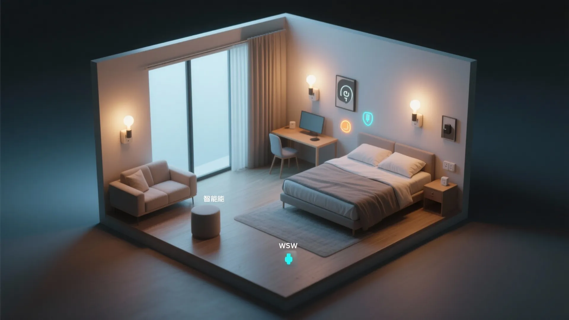 Interior design drawing of a studio apartment with bed sofa desk and smart light icons