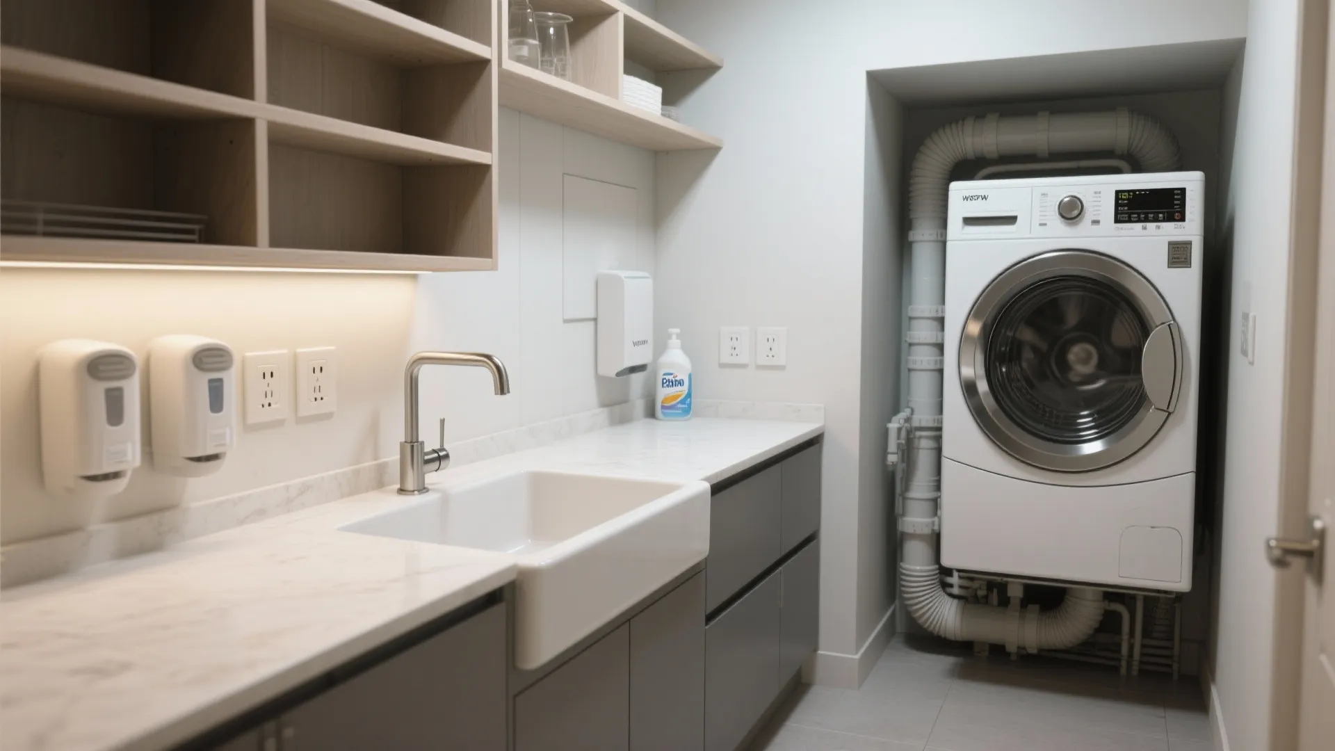 Modern laundry room featuring a white washing machine connected to exposed plumbing pipes near a sink