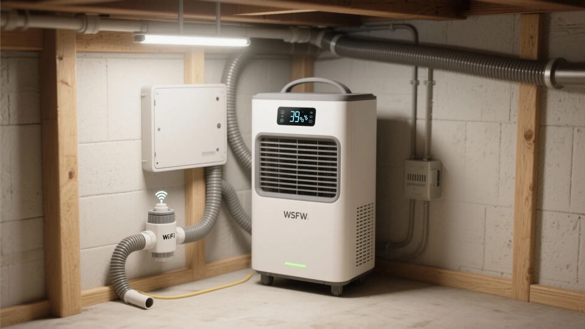 Smart portable dehumidifier in a crawl space with digital display and condensate pump and neat hose routing.