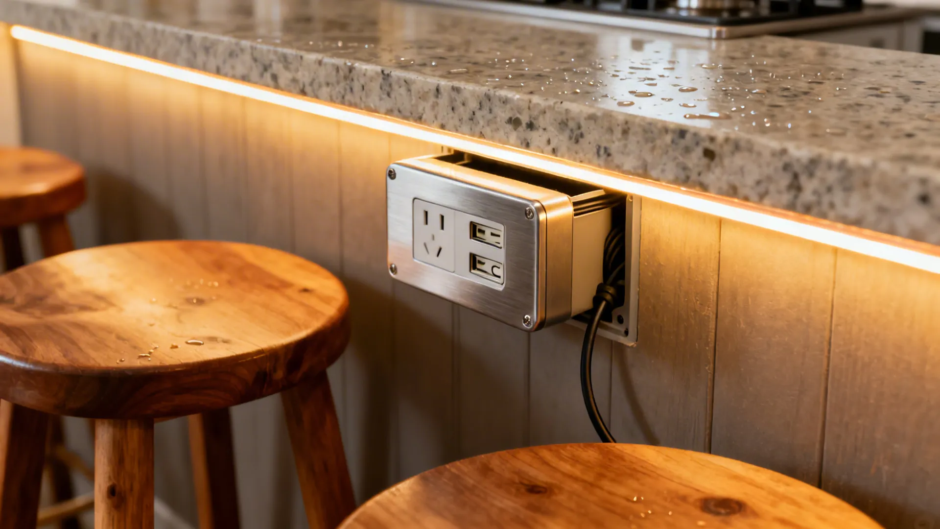 Close up of power outlet and USB ports on kitchen island under a warm light strip