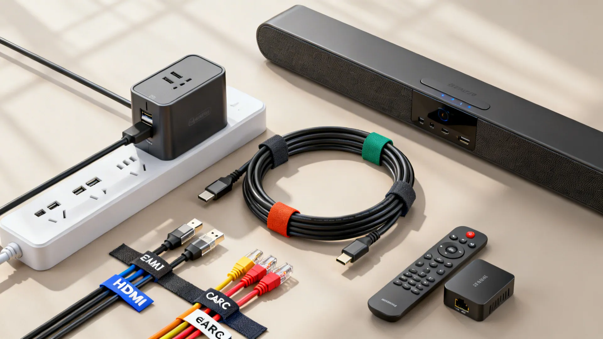 Flatlay of a compact power strip, USB-C charger, labeled ties, HDMI, Cat6, and a small switch.